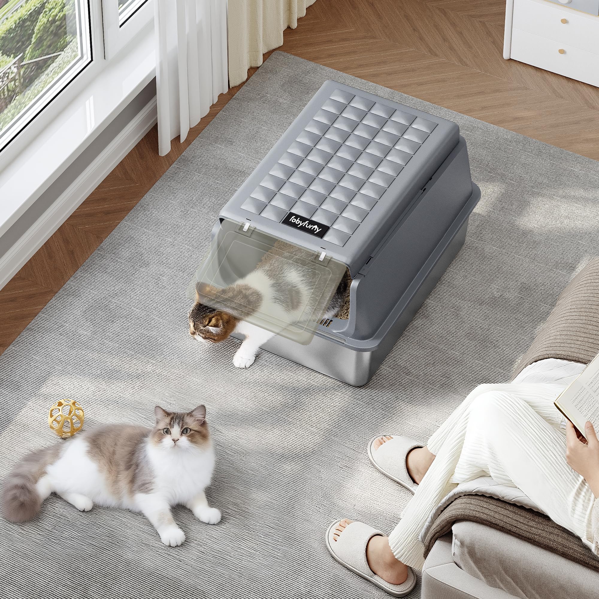 Bac à Litière pour Chat INOX avec Couvercle Lot de 2, 60x40x38,5cm, Bac Litière pour Chat XXL, avec Pelle à Litière et Marchepied, Amovible, 120° Couvercle Rabattable, Gris Foncé FPLB002SG2