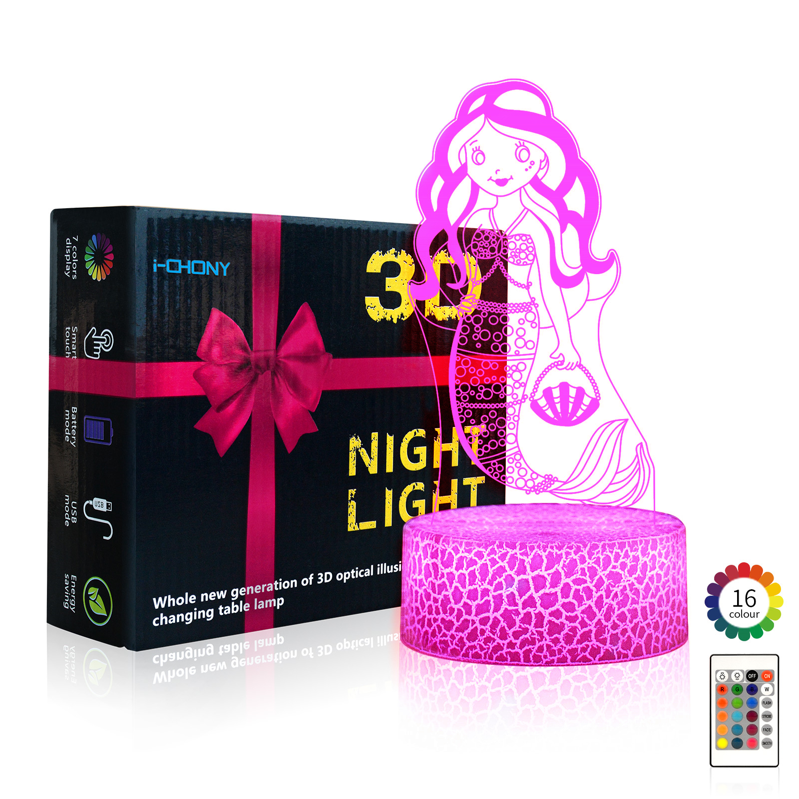 Image of i-CHONY Mermaid Gifts Night Light for Girls,3D Illusion Lamp with Remote & Smart Touch 16 Colors Dimmable Bedroom Decorations Bedside Lamp,Mermaid Toys for Kids Girls Teens Birthday Gift