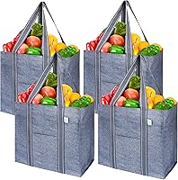 VENO 4-Pack Heavy-Duty Reusable Grocery Bags with Hard Bottom, Front Pocket & Handles - Foldable Multi-Purpose Totes, Gray