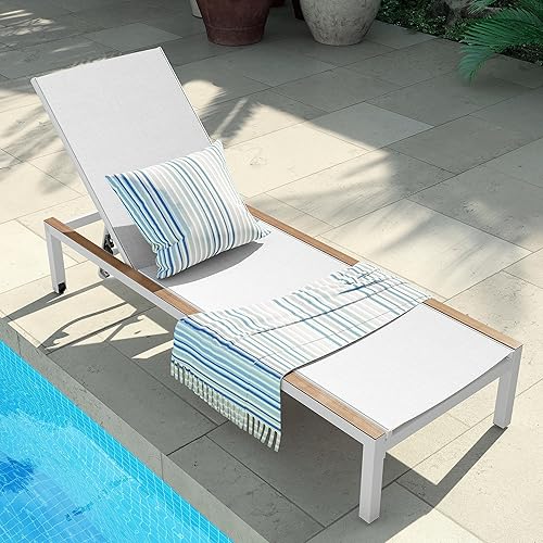 Grand patio Silla de malla para exteriores con textura de grano de madera, ruedas portátiles, 4 posiciones de respaldo reclinables ajustables para