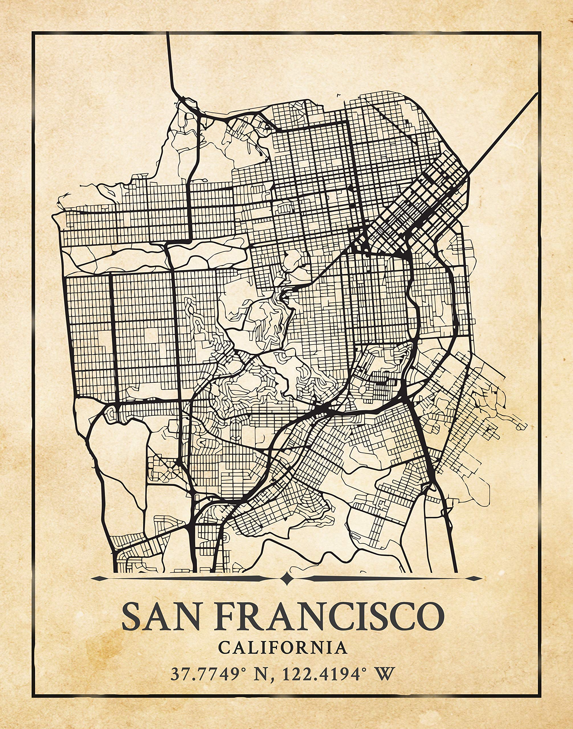 San Francisco CA City Street Map Wall Art - 11x14 Vintage Antique Aerial View Decor Print with Coordinates. Makes a Great California-Inspired Gift!