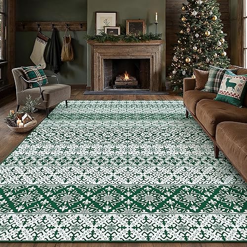 Miniatura 23 de Alfombra de área de Navidad 5 x 7 pies, copos de nieve rojos, alfombra decorativa festiva para sala de estar, dormitorio, alfombra antideslizante