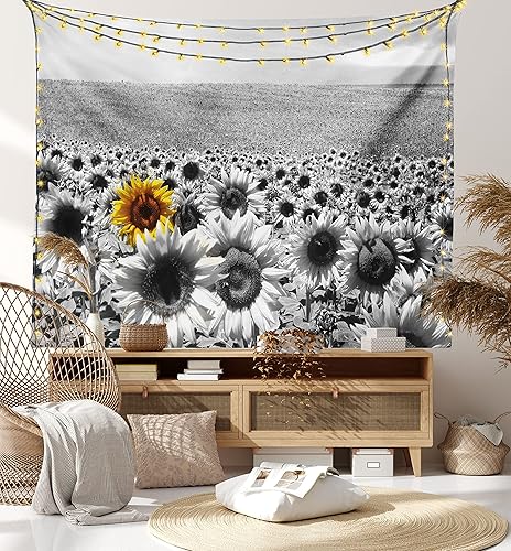 Miniatura 7 de Lunarable Tapiz moderno, campo de girasol, blanco y negro, una sola flor amarilla, paisaje, individualidad, decoración de tela para colgar en la
