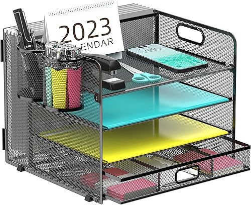 Daltack Bandeja de papel organizadora de escritorio de malla con soporte vertical para archivos, organización de oficina con cajón soporte para