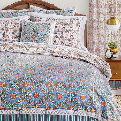 Saffron Marigold Funda de edredón geométrica azul tamaño Queen, 100% algodón, reversible, estampado a mano, funda de cama decorativa para decoración