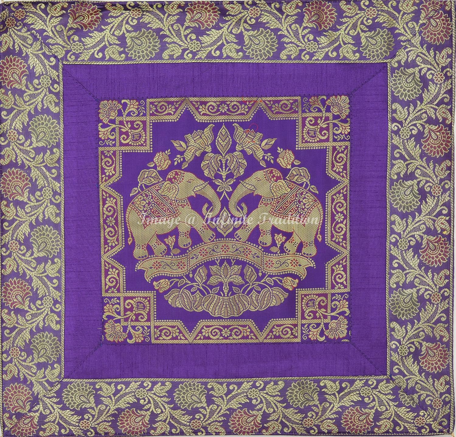 Indian Brocade Indoor Throw Pillow Cover Silk 18x18 Set of 2 Purple Gold Jacquard Weave Home Decor Elephant Pattern with Jacquard Tassels Square Cushion Covers