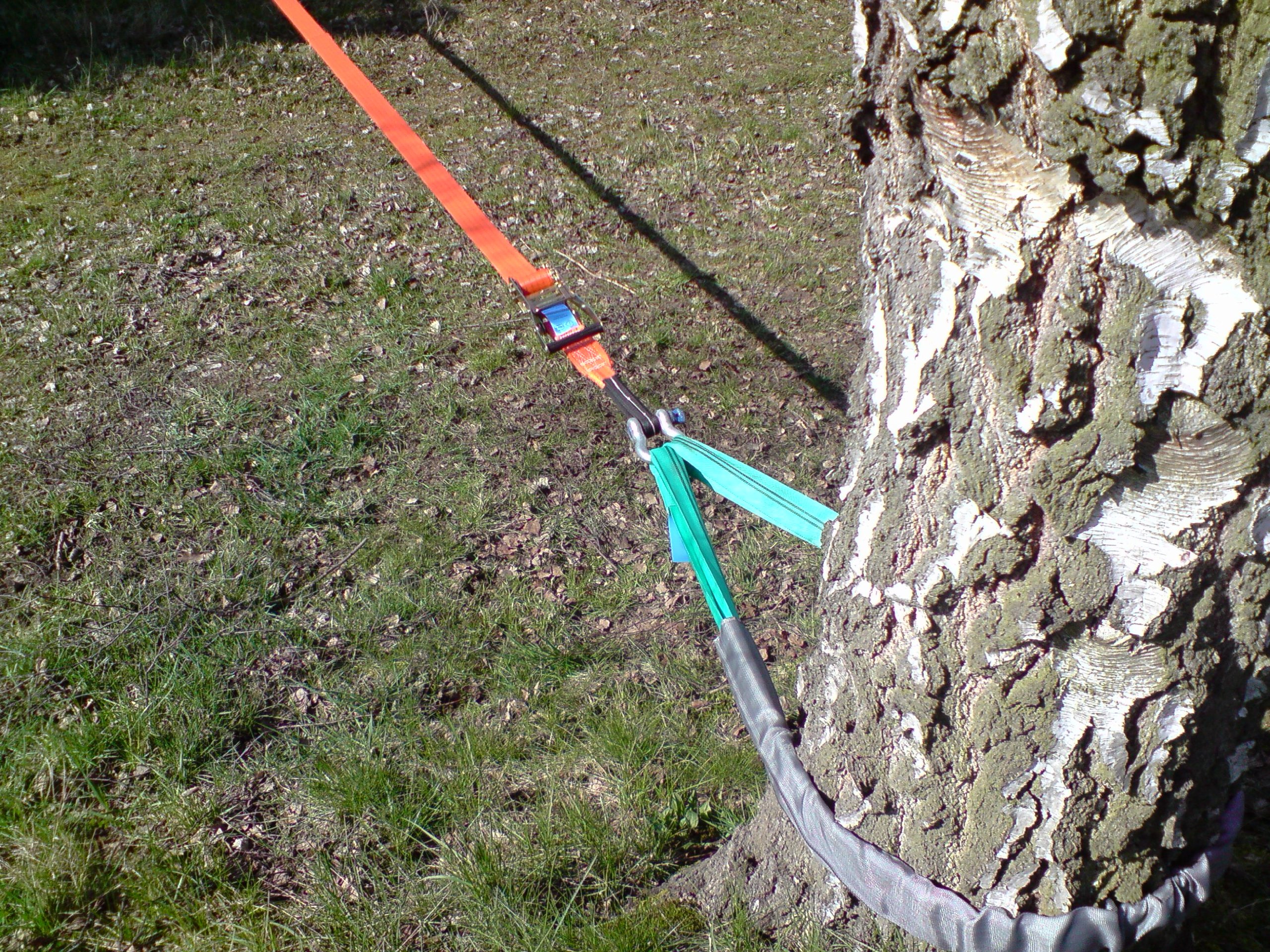 Slack-Liners 6 Teiliges Slackline-Set GELB - 50mm breit, 25m lang - mit Langhebelratsche Made in Germany