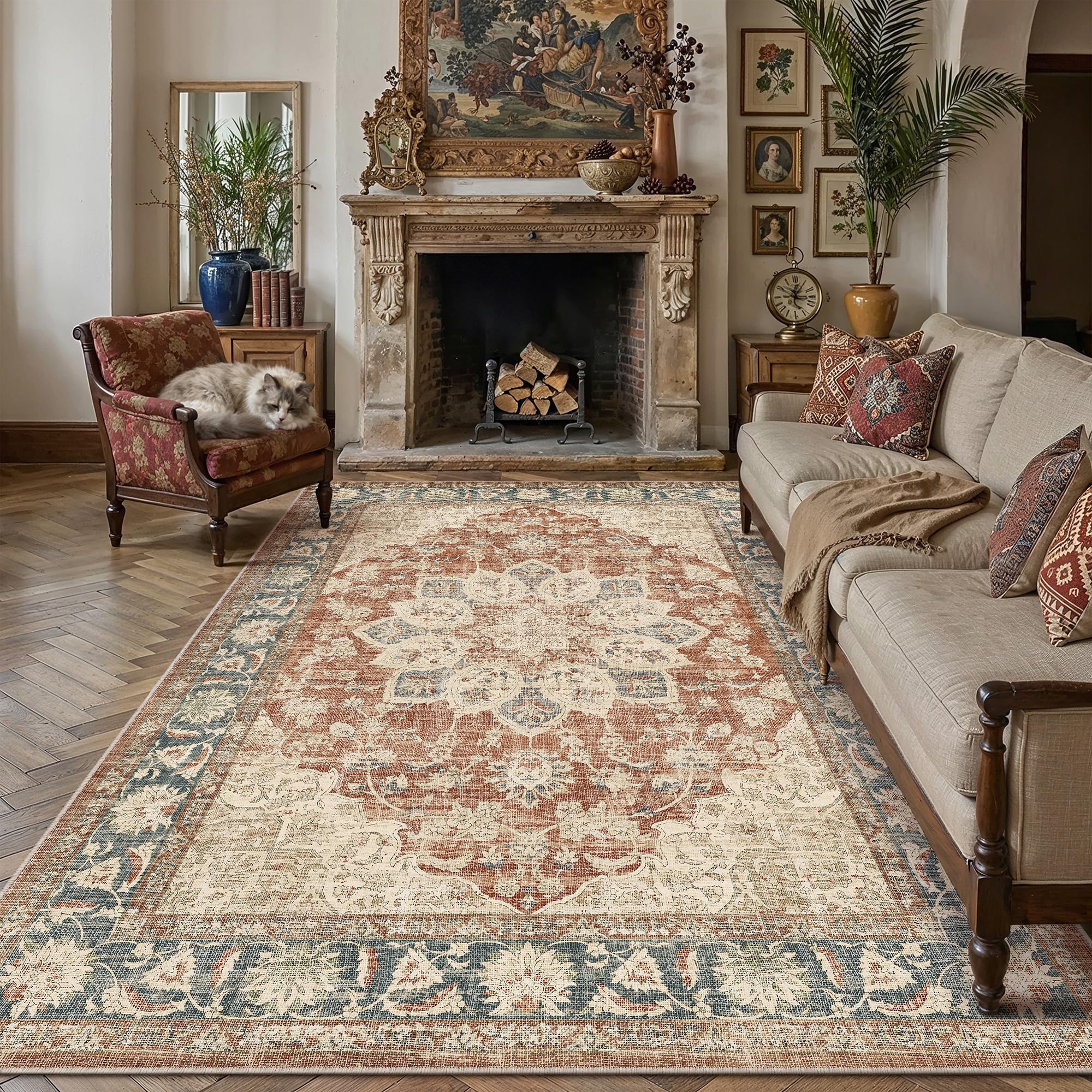 PureCozy Red Blue Rugs Living Room Area Rug 200x300cm Bedroom Large Washable Non Slip Vintage Carpet Office Kitchen Bedroom Dining Room Indoor Low Pile Carpets โ image 1