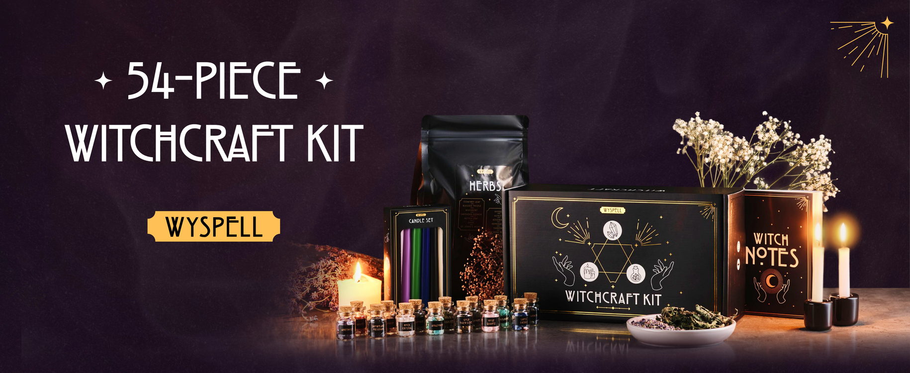 Wyspell Witchcraft Supplies Kit - 54PCS - Witch Kit for Altar: Spell Candles, Dried Herbs, Healing Crystals in Jars - Wiccan Supplies & Tools - Witchy Gifts for Beginners