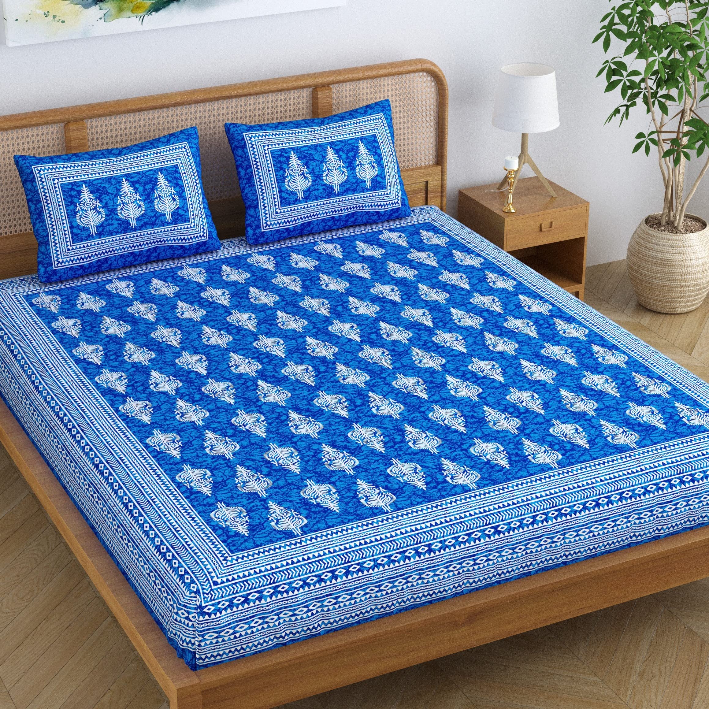 SheetKart Motif Floral Cotton Double Bedsheet Jaipuri Printed Bed Cover with 2 Pillow Covers - Placid Blue