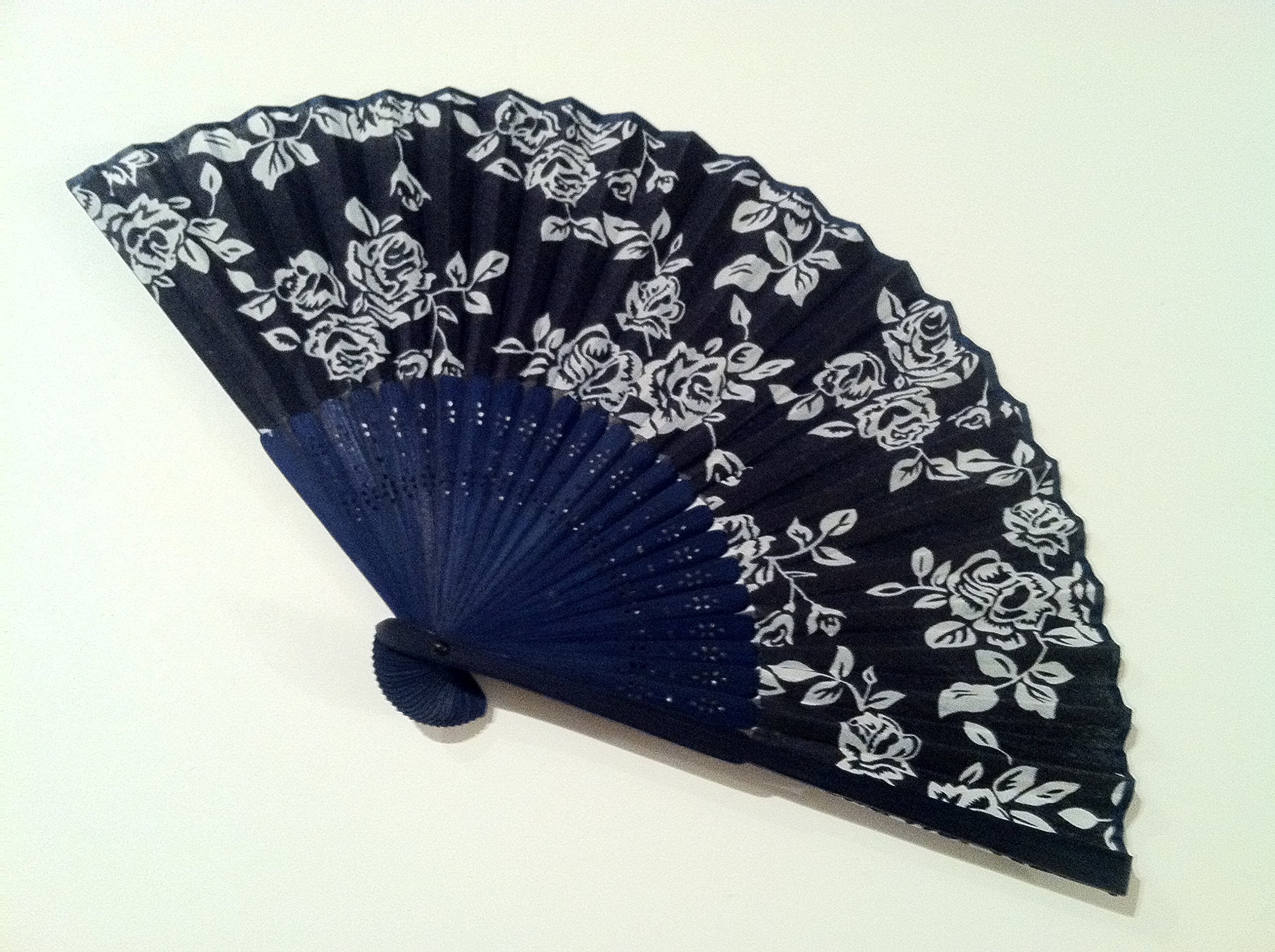Bamboo Hand Folding Fan with Blue Background and Rose Flower Design - Fast Shipping From Il USA