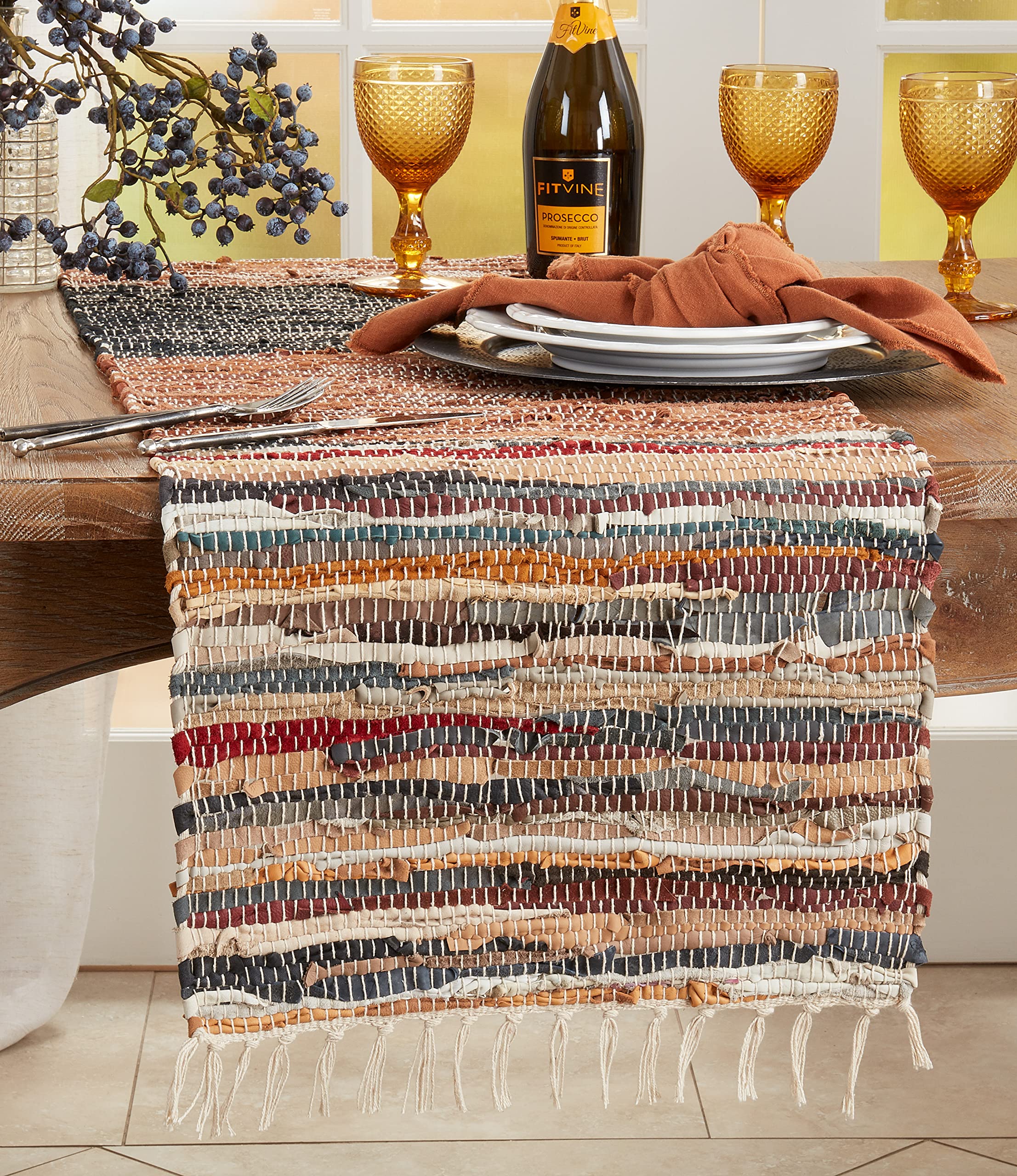 SARO Lifestyle 8030.M1672B Taiga Collection - Camino de Mesa Multicolor a Rayas, 100% Cuero