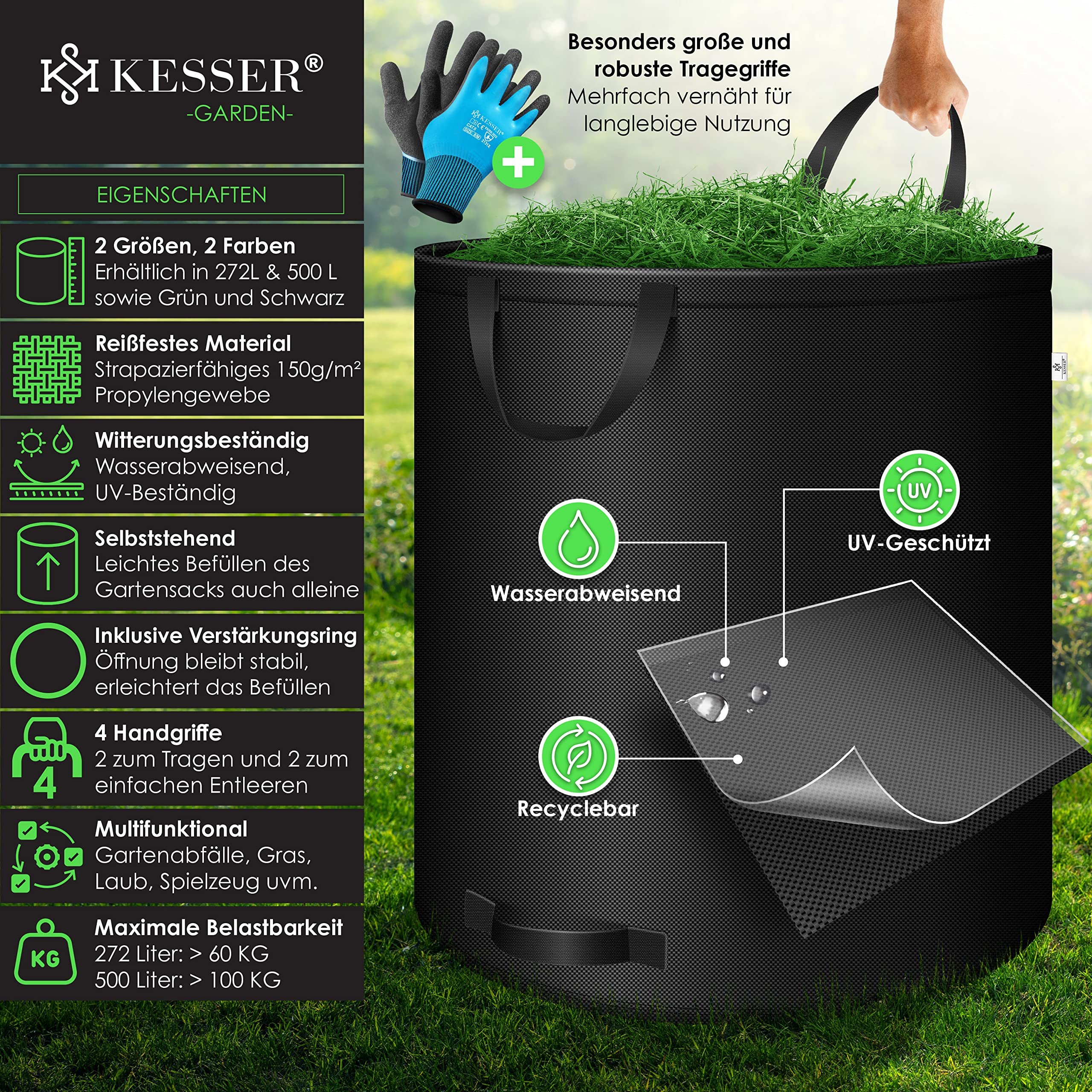 KESSER® Gartensack 2x 500L Set Laubsack Gartenabfallsack inkl. Handschuhe - Selbststehend 4 Griffe Stabil Robust & Faltbar - Laubsäcke Rasenschnitt für Gartenabfälle Grünschnitt Schwarz