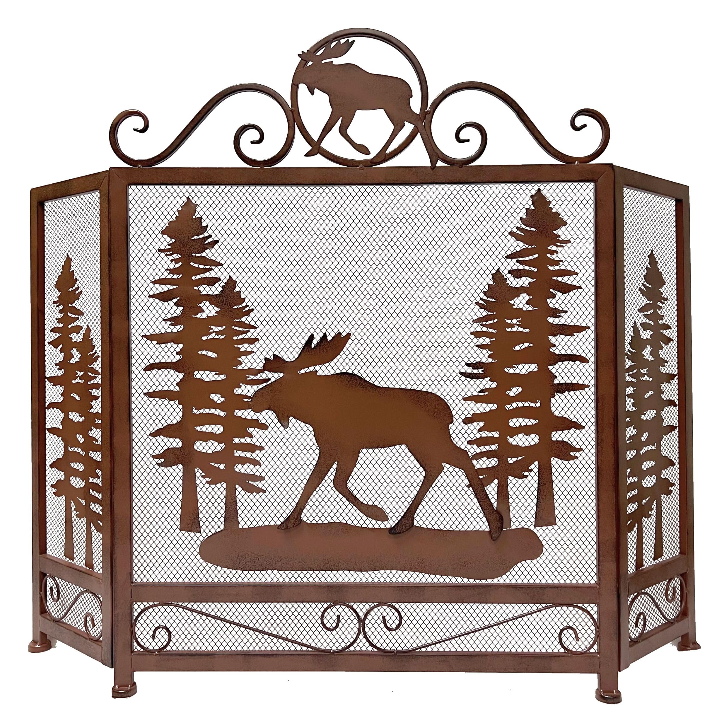 BestGiftEver 3-Panel Fireplace Screen Decorative with a Moose in The Forest Design - Stand Alone Fireplace Cover Metal Mesh Screen - Home Decorative Firescreen for Cabin, Wildlife, and Woodland Theme