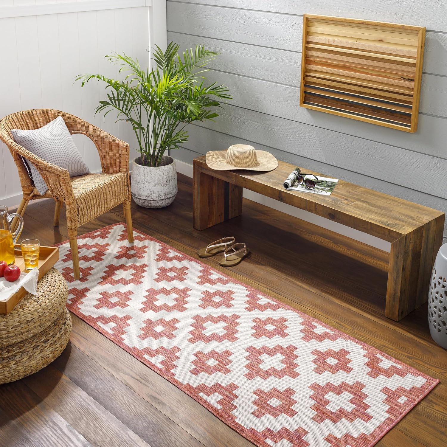 Livabliss Long Beach Global Outdoor Runner Area Rug, 2'7" x 7'3", Red Orange/Gray, (7' and Under)