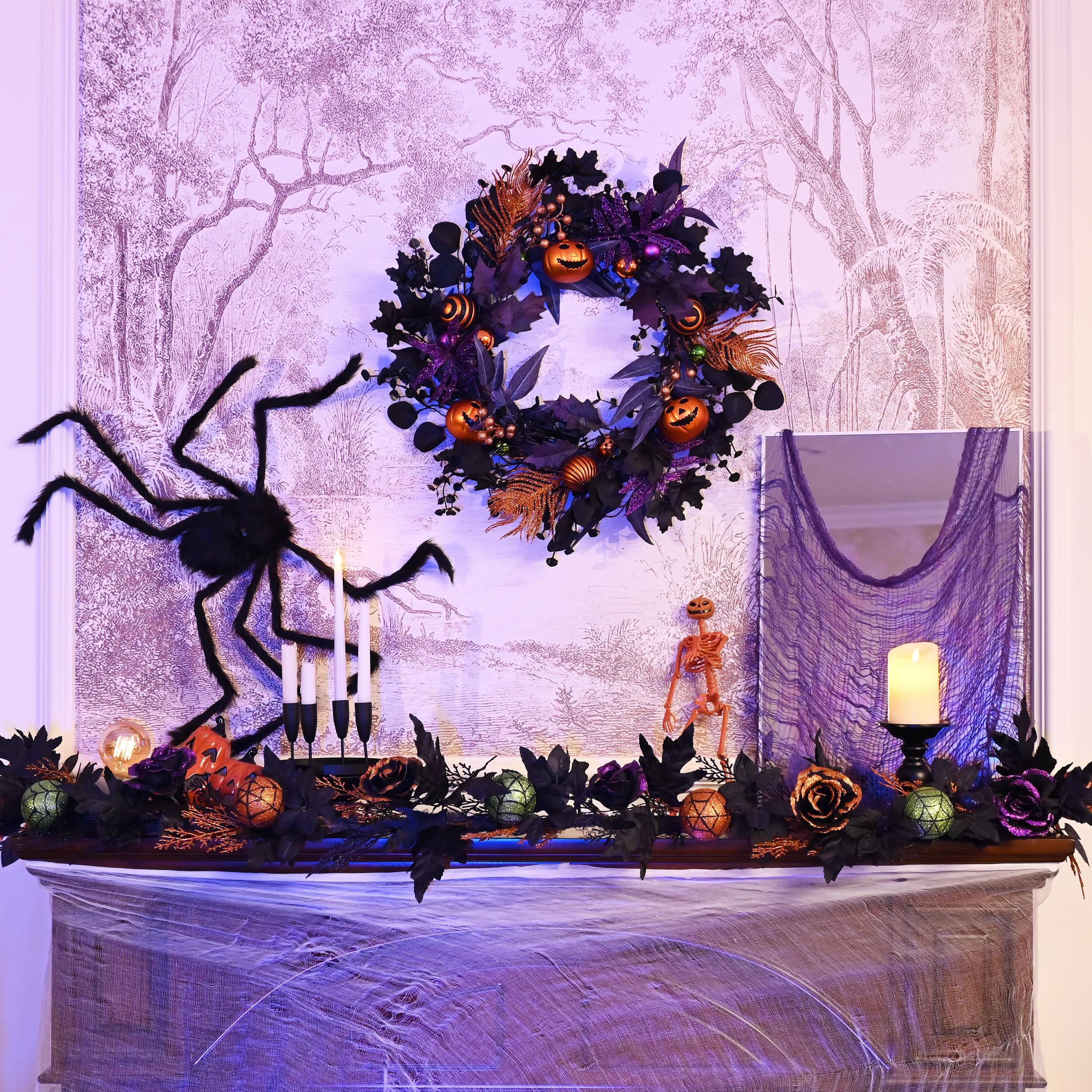 Valery Madelyn Couronne d'Halloween pour porte d'entrée avec lumières, 61 cm - Couronne de citrouille pré-éclairée - Décoration d'Halloween pour centre de table, fenêtre, fête intérieure, vacances,