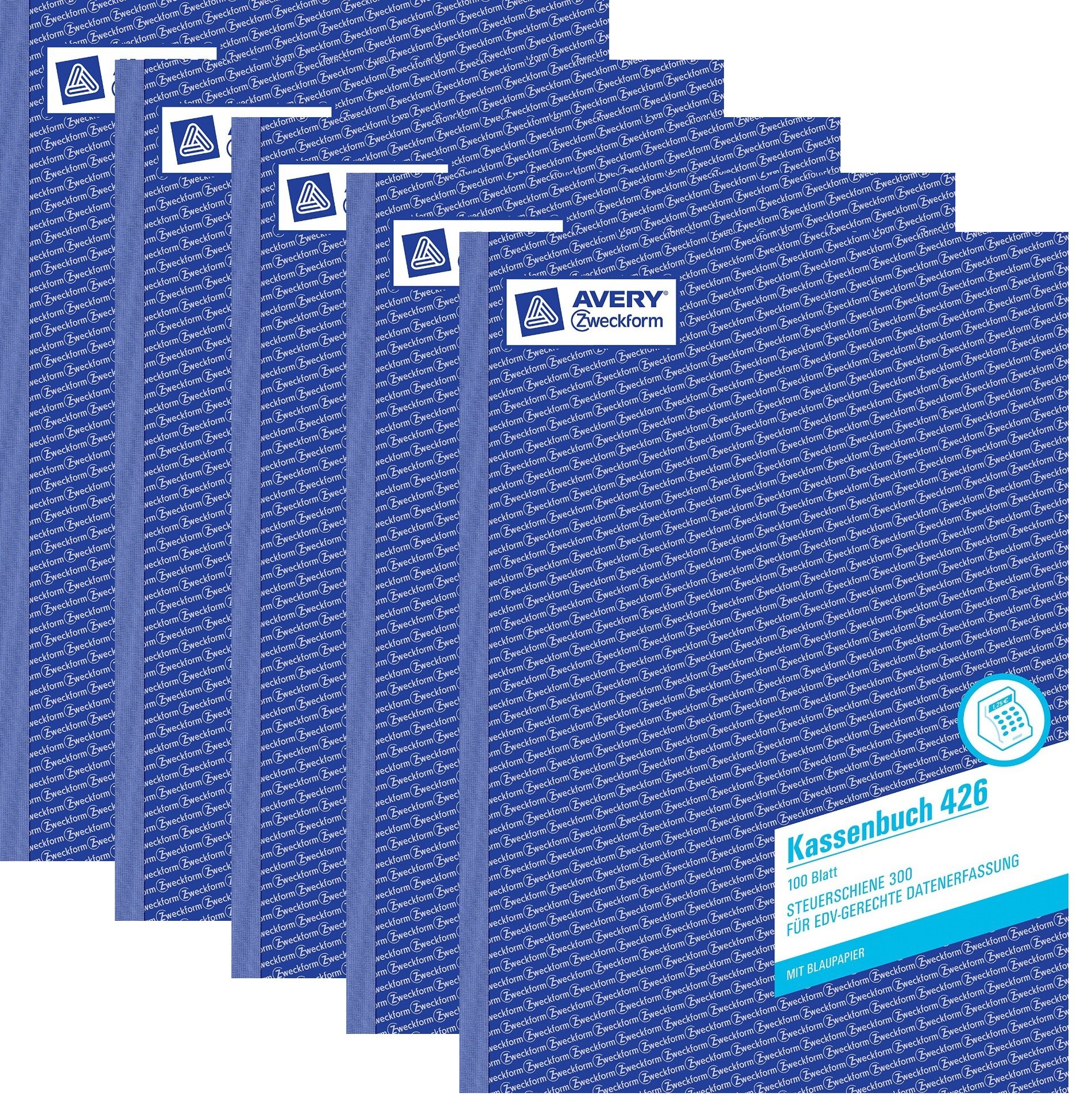 AVERY Zweckform 5x 426 Kassenbuch (A4, 100 Blatt, 1 Blatt Blaupapier, nach Steuerschiene 300, EDV-gerechte Datenerfassung, von Rechtsexperten geprüft, für DE, ordnungsgemäße Buchführung) weiß