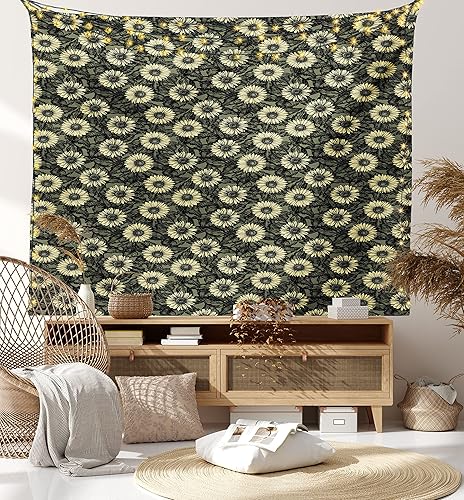 Miniatura 8 de Lunarable Tapiz de girasol tamaño King, ramo de ilustraciones inspiradas en la naturaleza abstracta composición retro, colcha colgante de pared,
