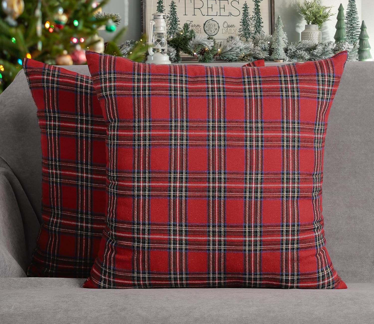 4TH Emotion Set of 2 Christmas Scottish Tartan Plaid Throw Pillow Covers Cushion Case Polyester for Farmhouse Home Decor Red and Green, 18 x 18 Inches