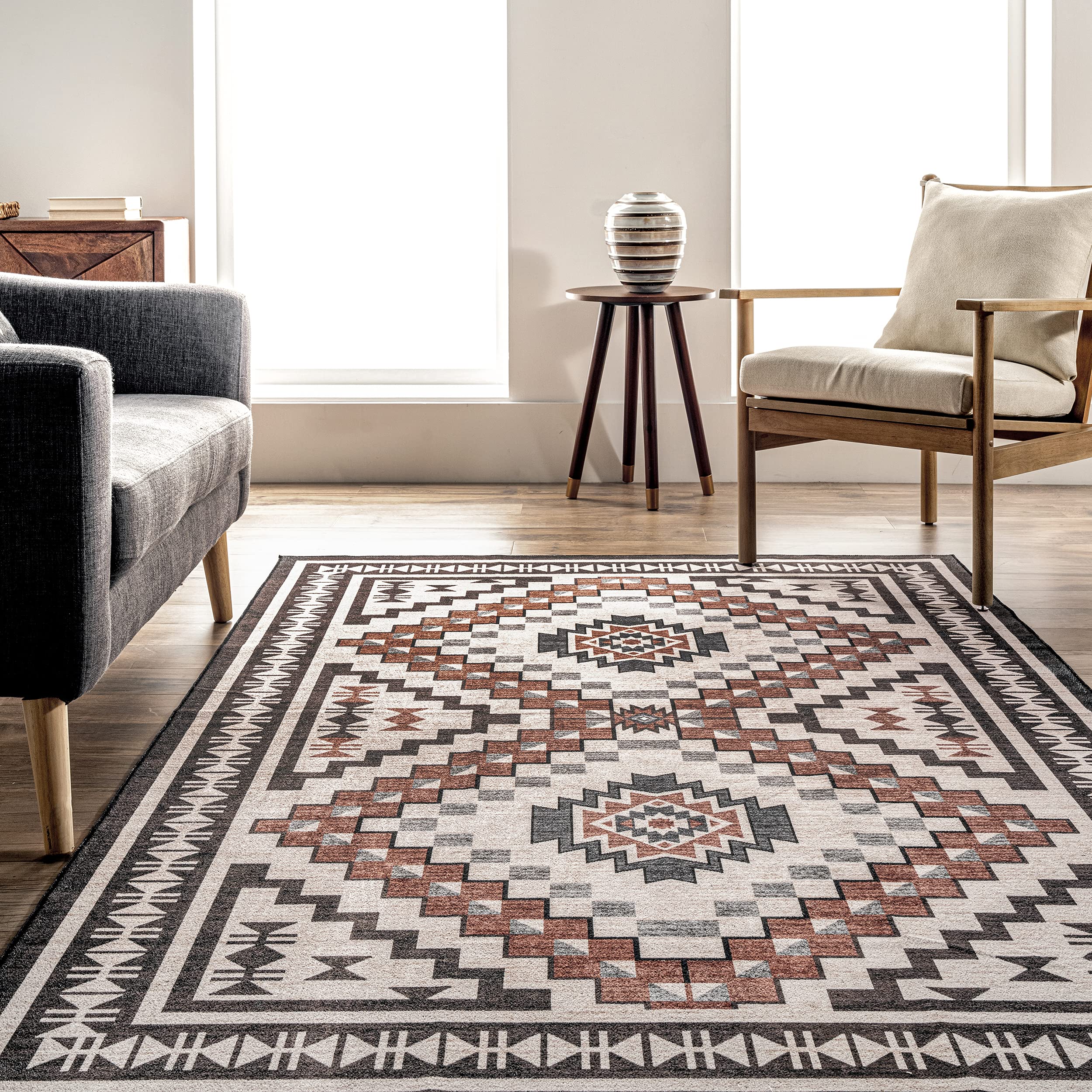 nuLOOM Leighton Machine Washable Southwestern Medallion Ultra Thin Area Rug, 6' Round, Beige