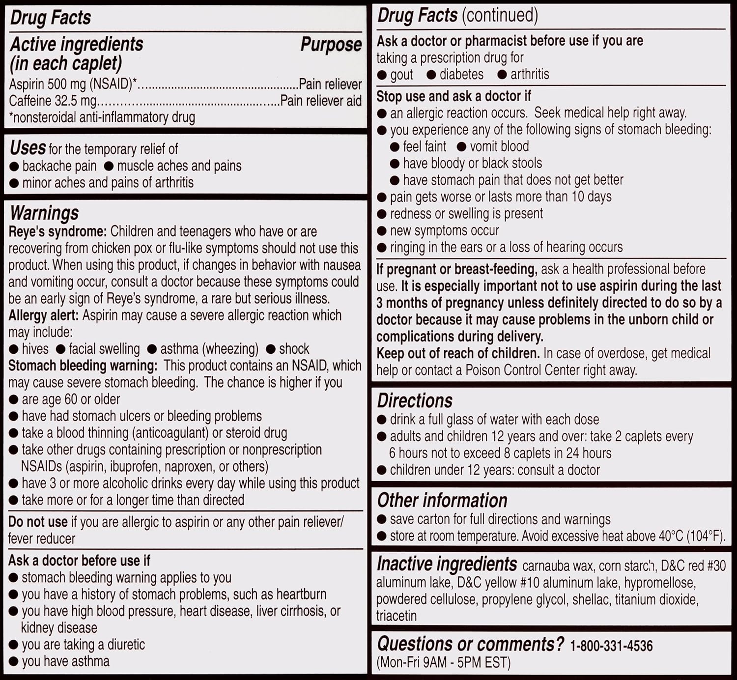 Bayer Back & Body Extra Strength Aspirin, 500mg Coated Tablets, Fast Relief at the Site of Pain, Pain Reliever with 32.5mg Caffeine, 100 Count : Health & Household