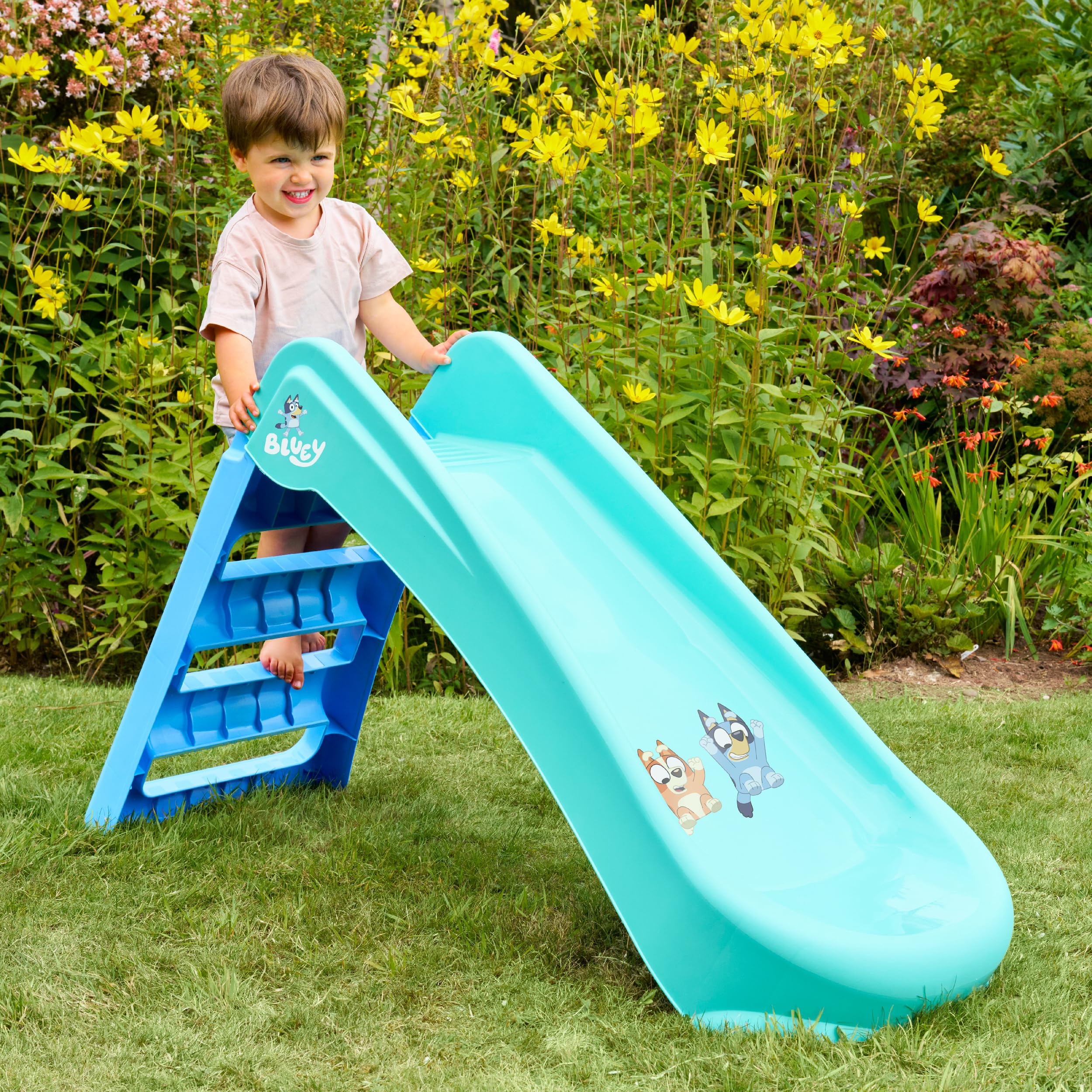 Bluey Scivolo pieghevole per interni ed esterni con scala, design facile da piegare, in plastica resistente, per bambini dai 18 mesi in su, attrezzatura da gioco leggera da giardino