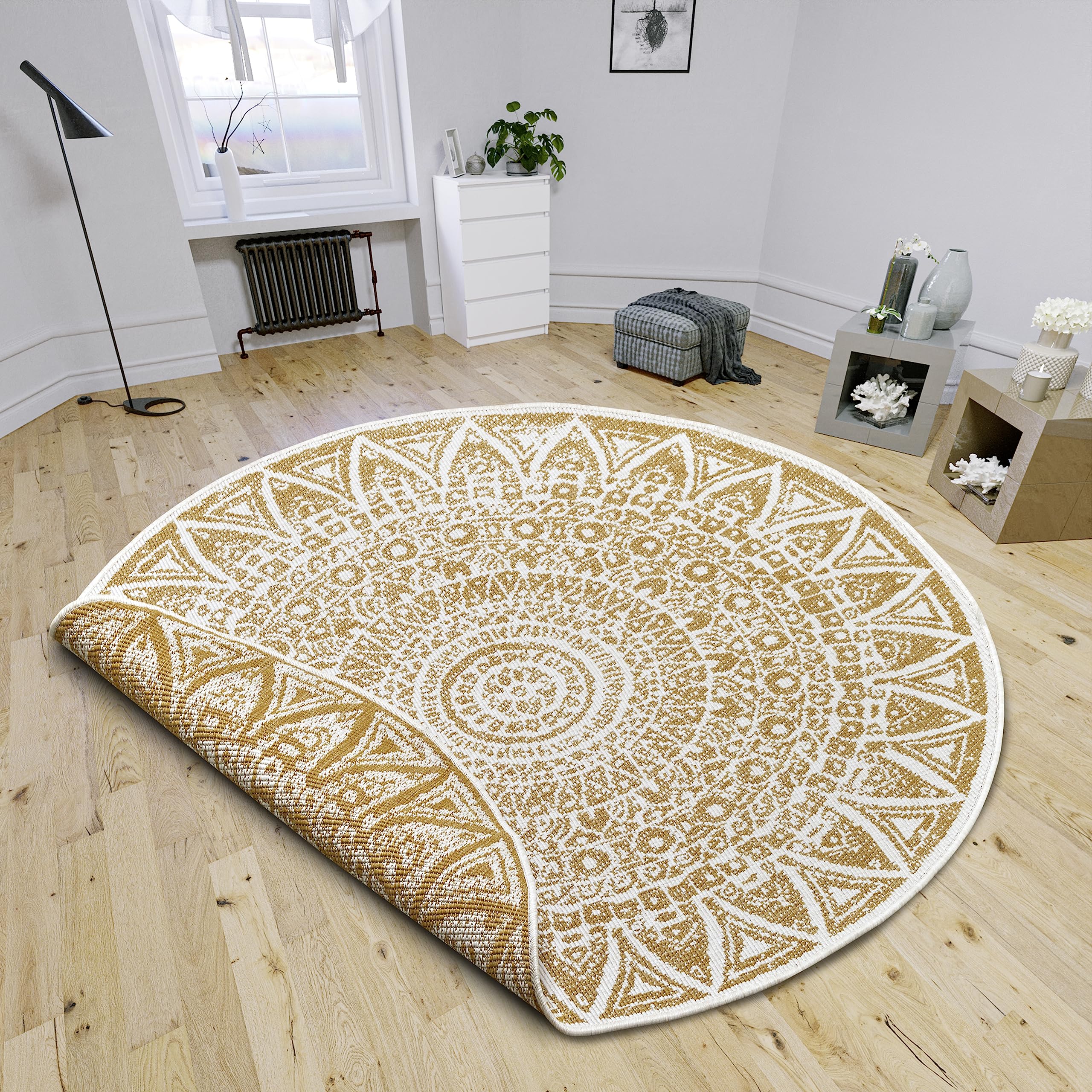 Freundin Home Collection Lilja Indoor and Outdoor Reversible Rug, Round, Flat Weave, Boho Design, Oeko-Tex