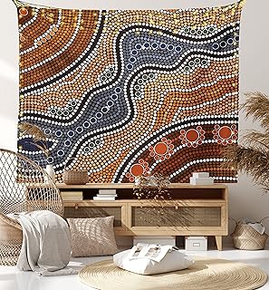 Lunarable Art Tapestry, Aboriginal Culture Inspired Abstract Nature Scene Native Australian Illustration, Fabric Wall Hanging Decor for Bedroom Living Room Dorm, 45" X 30", Brown Blue Orange