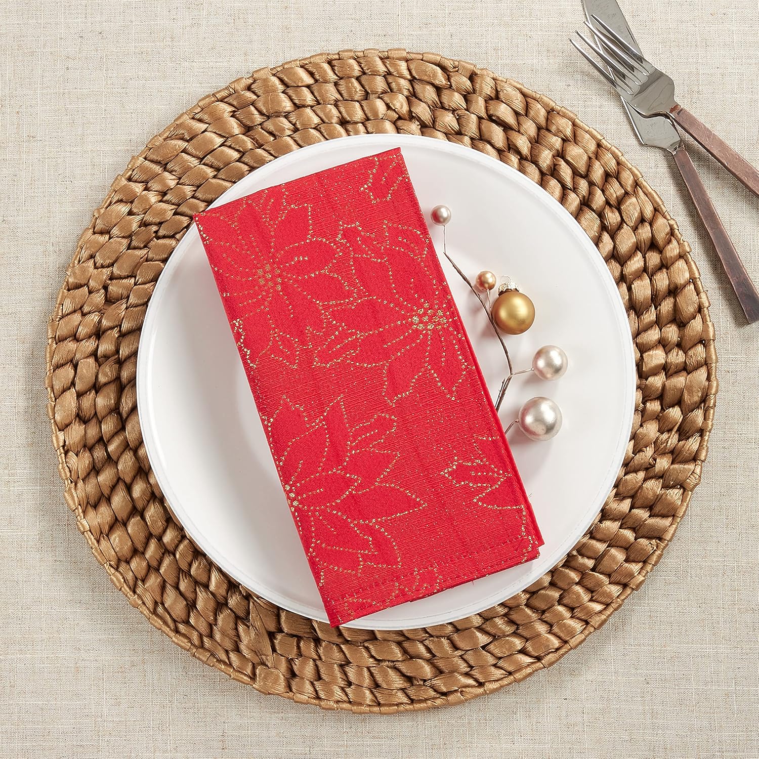 SARO LIFESTYLE Klotzsch Collection Poinsettia Design Table Napkins (Set of 12), 20", Red
