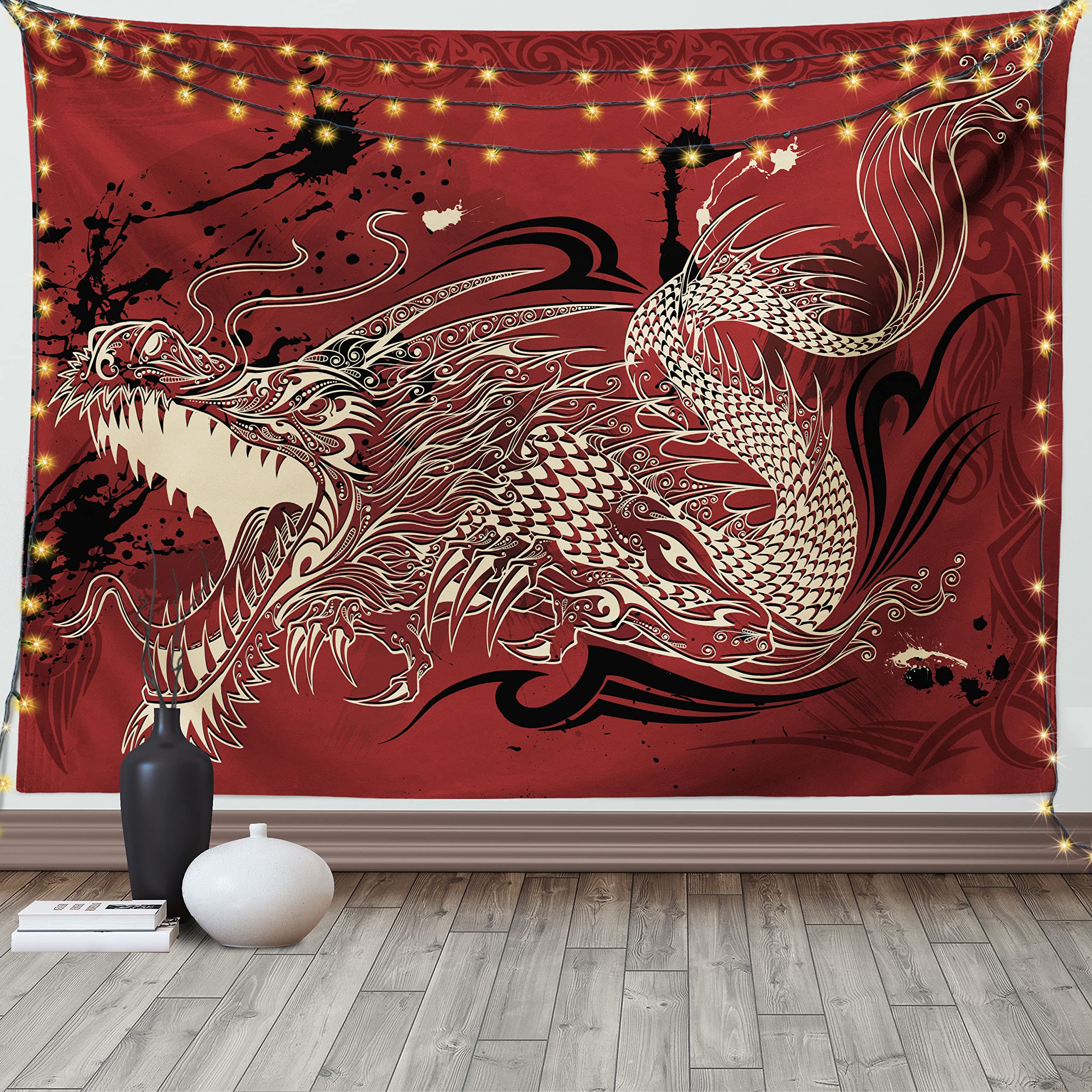 ABAKUHAUS, smok, Dekoracyjny gobelin, plakat na ścianę, Zły smok Doodle na tle grunge japoński Eastern Ethereal Drukowanie wzoru, Kości Słoniowej Ruby, 150x110cm