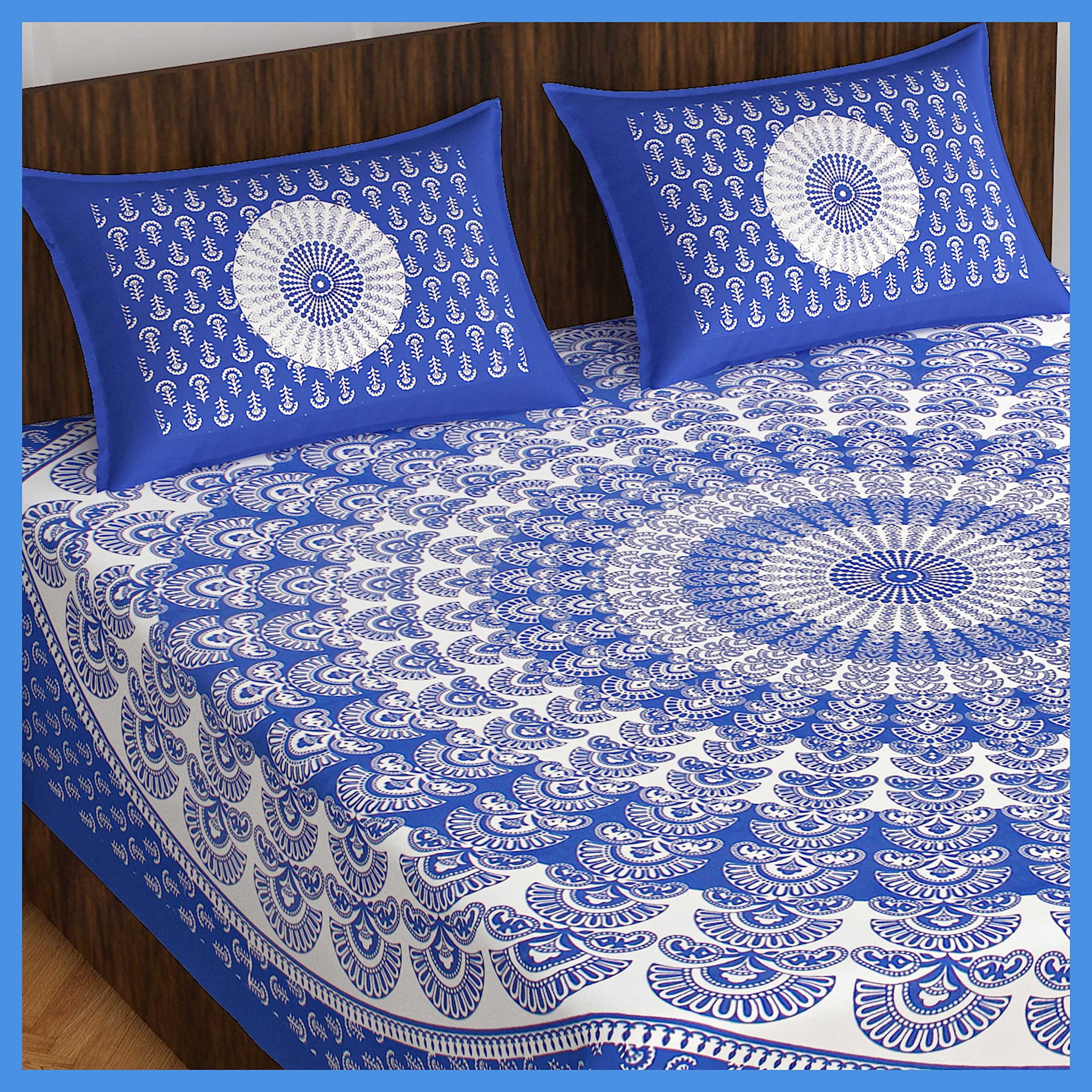 Cotton Rajasthani Jaipuri Traditional King Size Double Bed Bedsheet with 2 Pillow Covers - Jaipuri_183, 144 TC, Multi