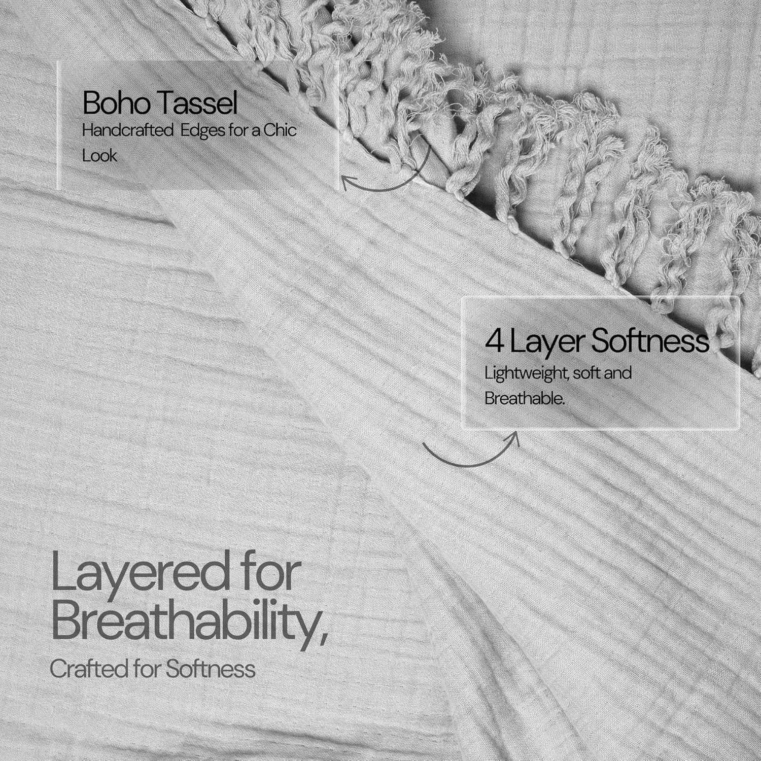 Salt Earth 100% Cotton Muslin Throw Blanket, Gauze Blanket 50"X60" Throw with Tassel 4 Layered for Couch, Bed, Living Room, Lightweight & All Seasons Blankets & Throws, Skin Friendly(Scottish Grey) - Image 2