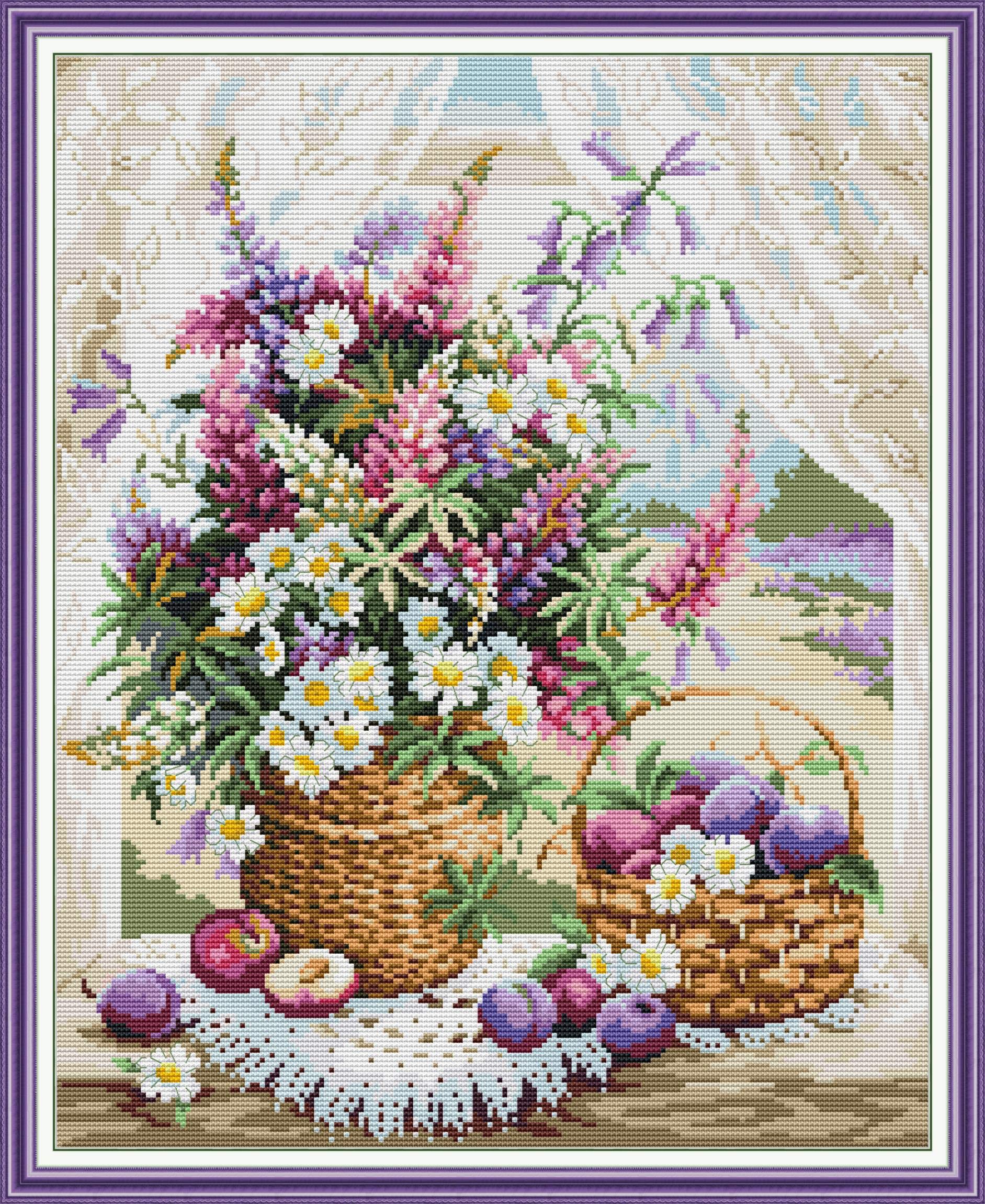 Kit de Démarrage Point de Croix 14CT Idée Cadeau DIY Corbeille à Fleurs