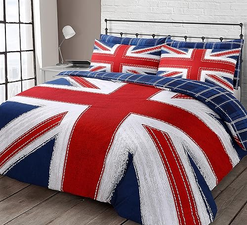 Velosso Union Jack - Juego de funda de edredón y funda de almohada totalmente reversible, color azul, rojo, gris (rojo original, doble)