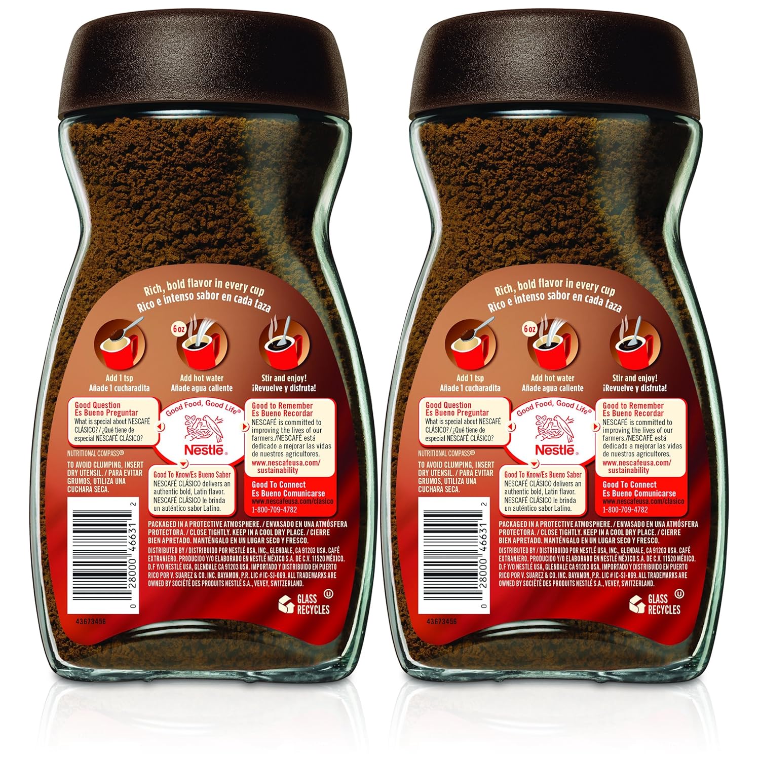 Back label of Nescafe Clasico Instant Coffee jar showing preparation instructions with icons for adding coffee, hot water, and stirring.