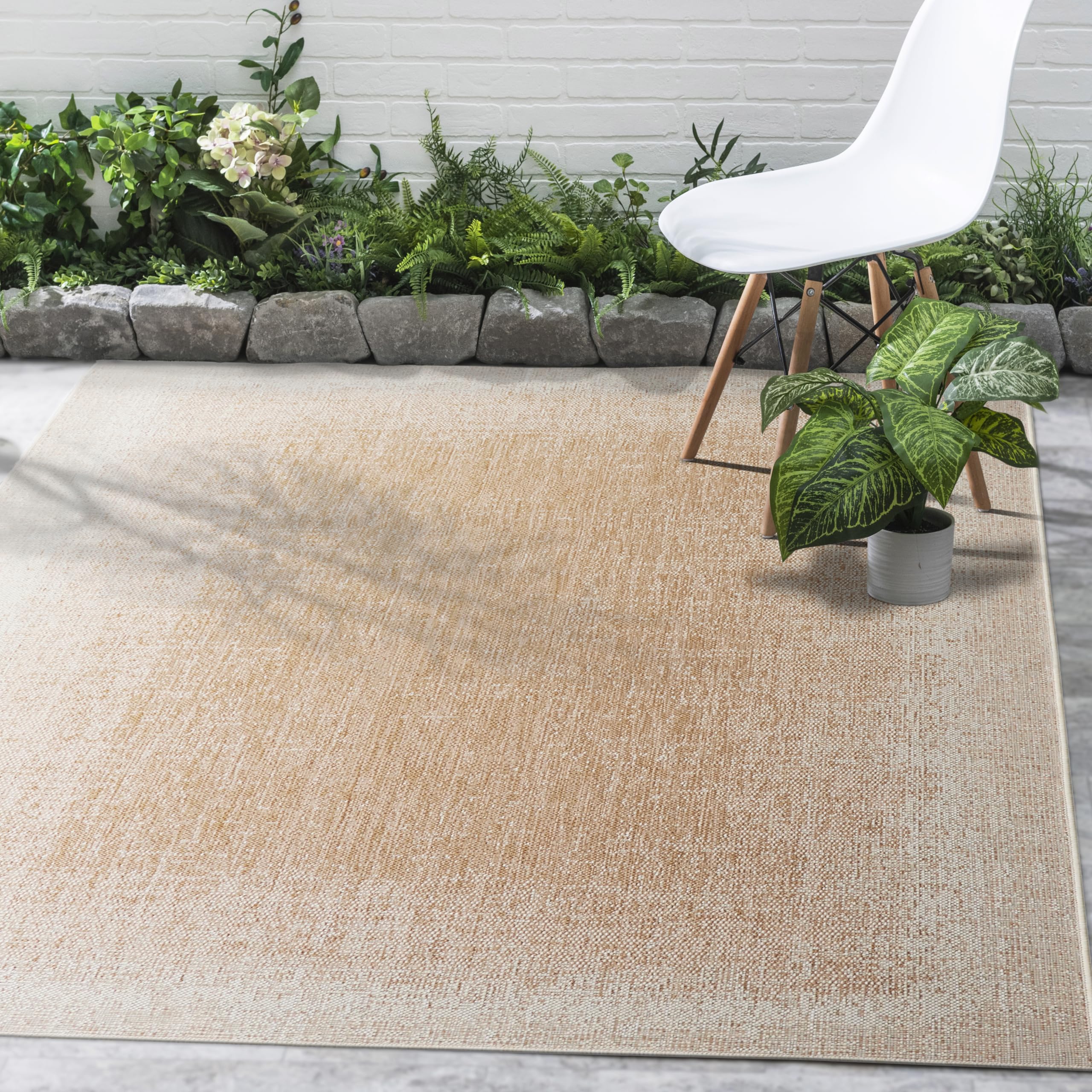 FH Home Outdoor Area Rug - Waterproof Easy to Clean Stain Resistant - Patio Indoor Outdoor Porch Deck Balcony Entryway - Ombre Modern - Dhruva - Beige - 7ft 8in x 9ft 8in