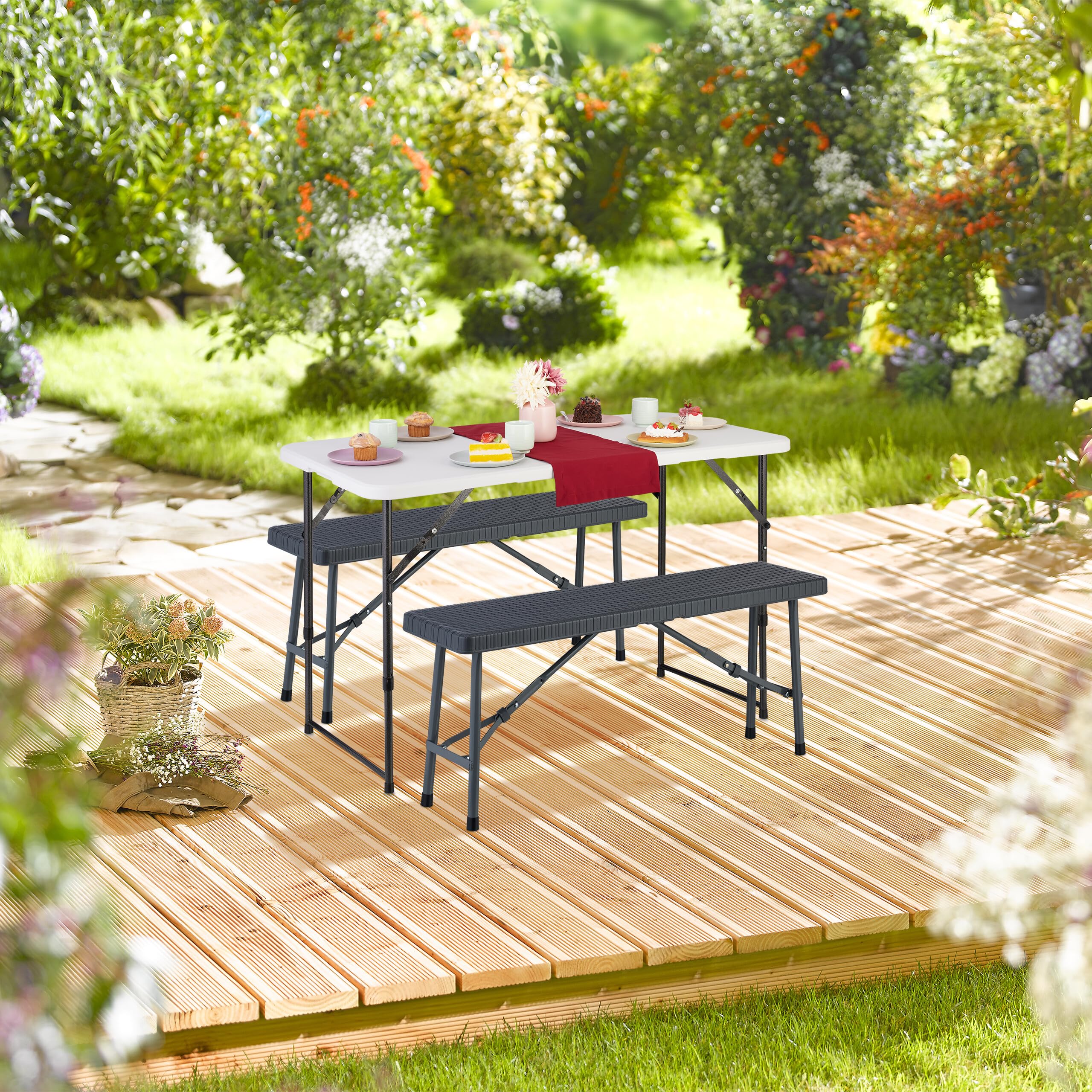 Relaxdays Banc Pliable, Lot de 2, pour Jardin, terrasse et Camping, HLP : 42x102x25 cm, Aspect rotin, Plastique, Gris