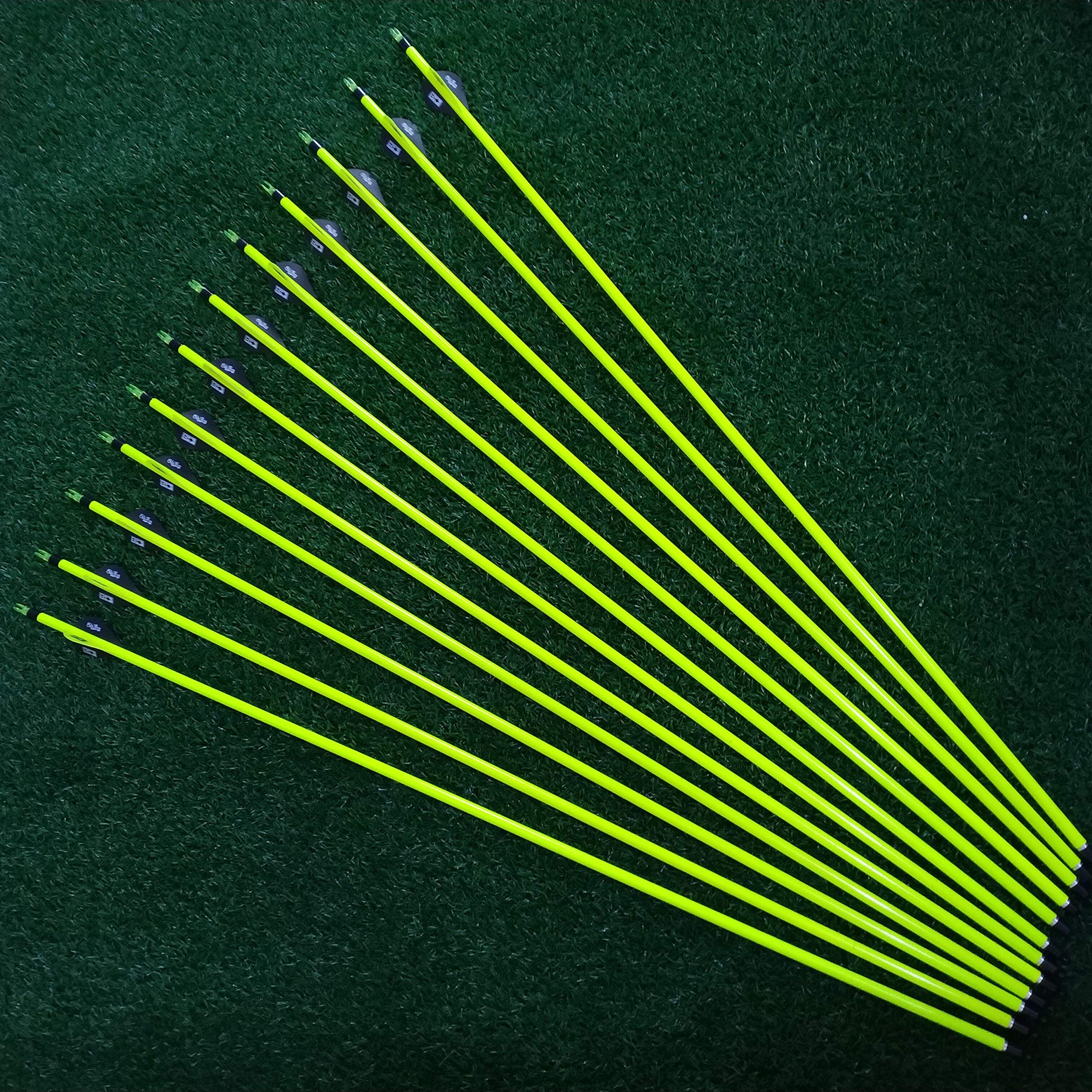 12Pcs 31'' Fluorescent Yellow Pure Carbon Arrows with Replaceable Points for Compound Bow and Recurve Bow Hunting and Target Practice