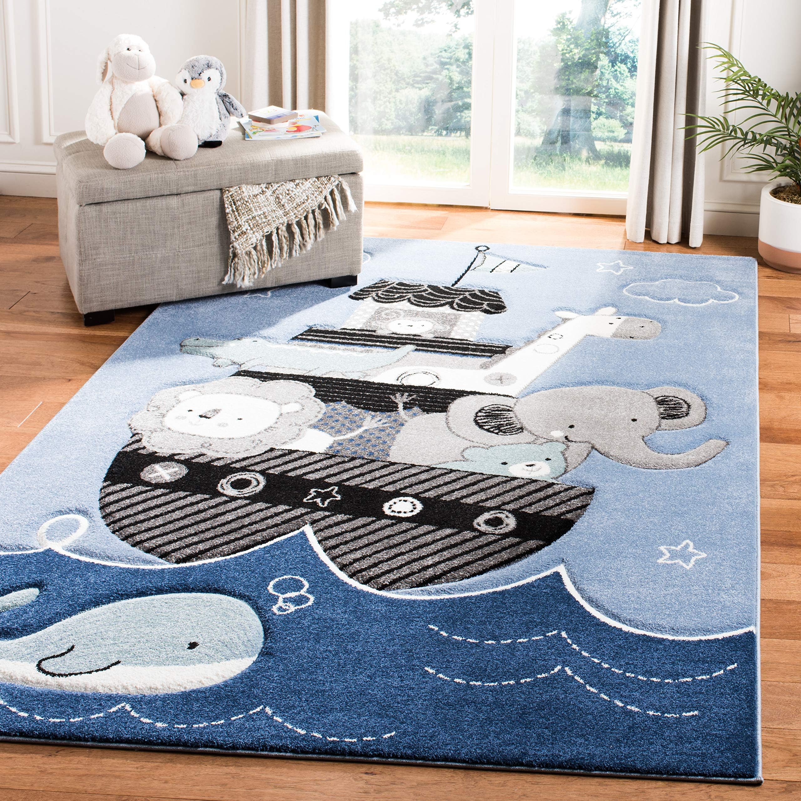 SafaviehCarousel Kids Collection Area Rug - 6'7" Square, Blue & Grey, Animal Design, Non-Shedding & Easy Care, Ideal for High Traffic Areas for Boys & Girls in Playroom, Nursery, Bedroom (CRK121B)