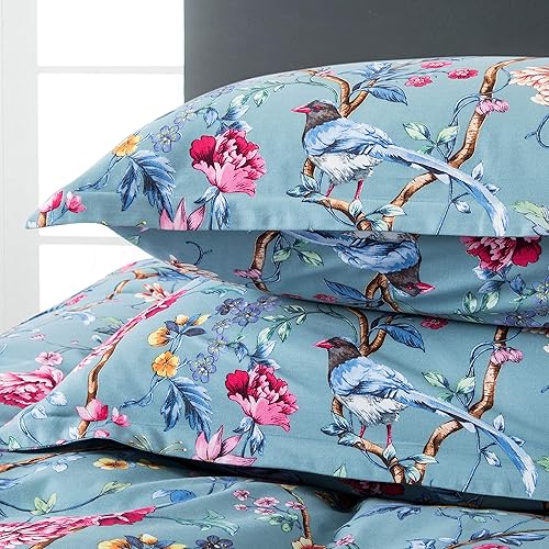 Miniatura 10 de Eikei Juego de funda de edredón de jardín botánico, 100% algodón cepillado lavado, estampado asiático chinoiserie, colorido árbol tropical ramas y