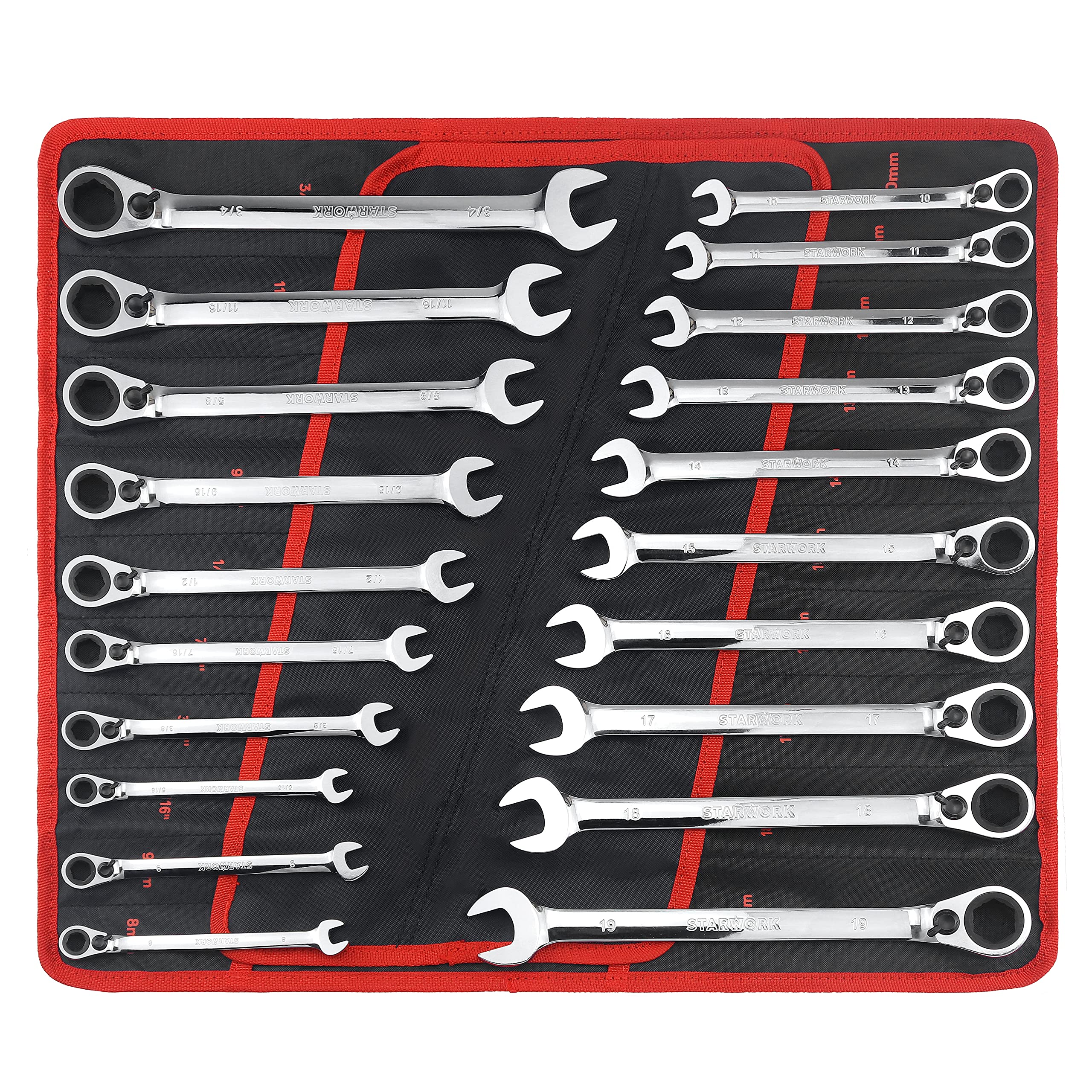 STARWORK True Mechanic™ zestaw dwustronnych kluczy płasko-oczkowych z grzechotką, antypoślizgowe, długi wzór, SAE, metryczny, profesjonalny, z przenośną torbą zwijaną