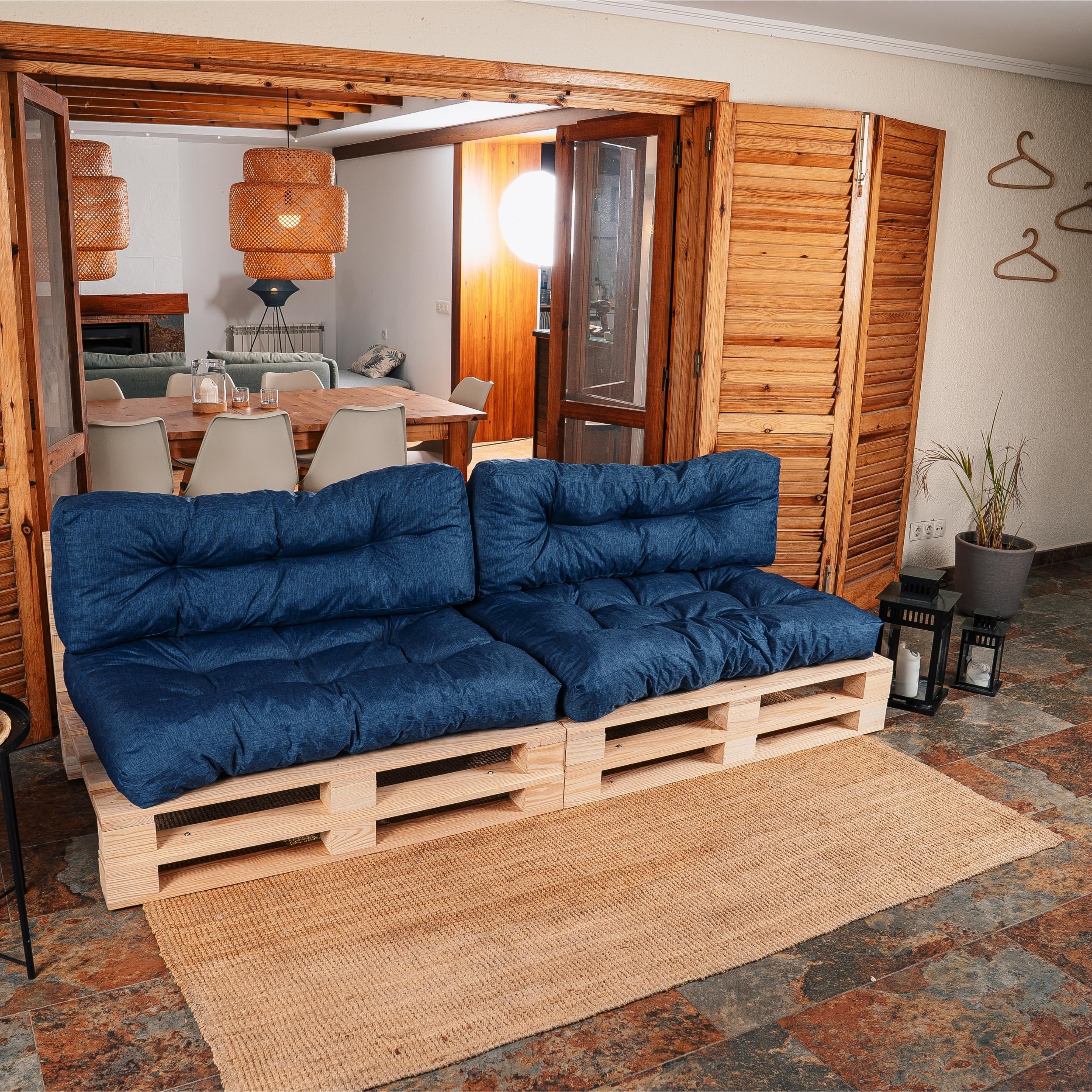 bananair - Cojines para Palets - Tela Resistente, Anti-UV y Repelente al Agua - Muy Cómodo, Relleno de Espuma - Cojines Exterior para Jardín y Terraza (2 Asientos 120x80 y 2 Respaldos 120x40, Azul)