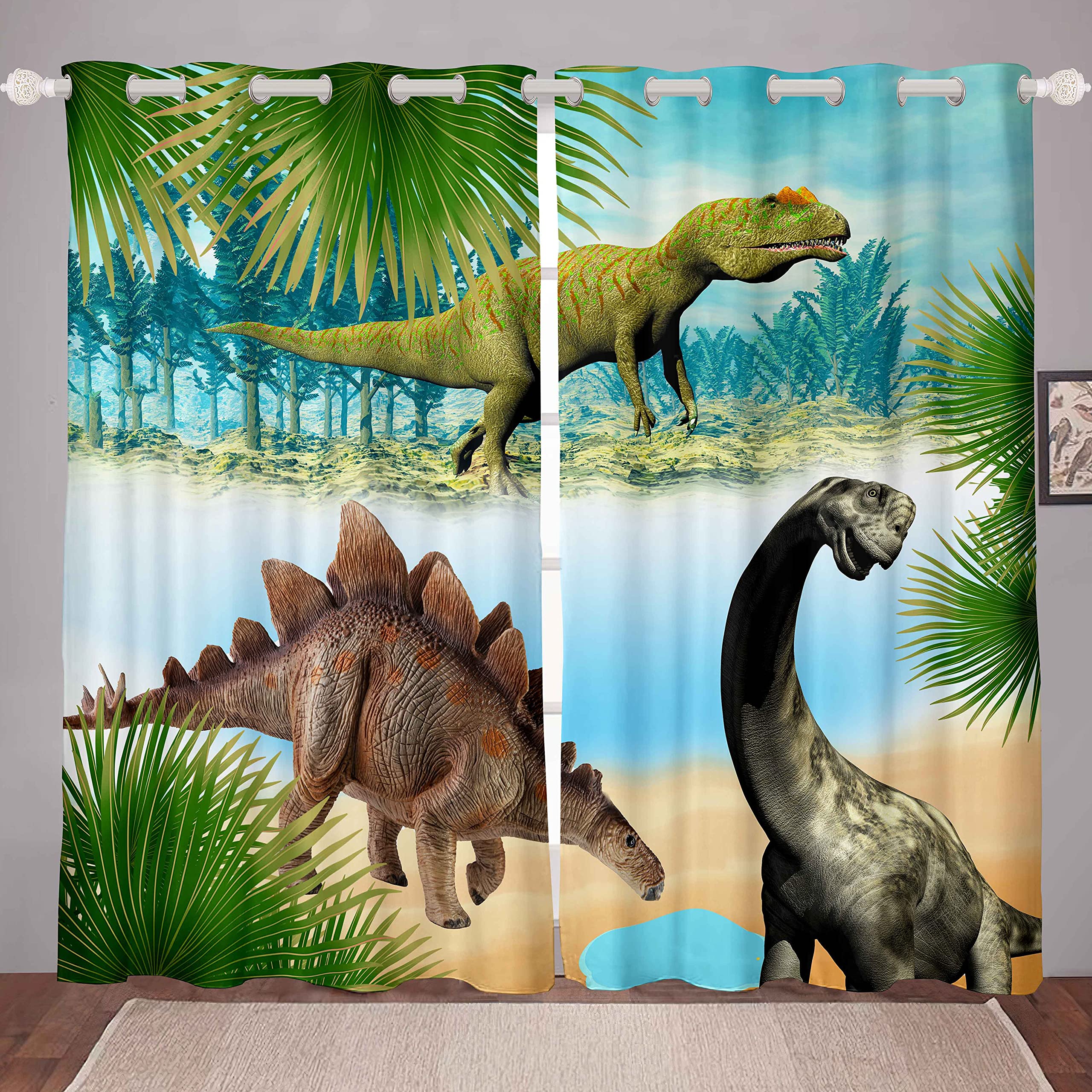 Tbrand Kids Dinosaur Curtains for Bedroom Living Room - T-Rex Stegosaur Windows Drapes for Children Boys Girls - Jungle Animals Printed, W66*L72 — image 1