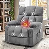 Massage Recliner Chair, Overstuffed Rocker Lazy Boy Chairs with Vibration&Gently Heat,Fabric Ergonomic Manual Nursery Chair for Living Room with Side Pocket, 2 Cup Holders&USB Charge Port, Grey