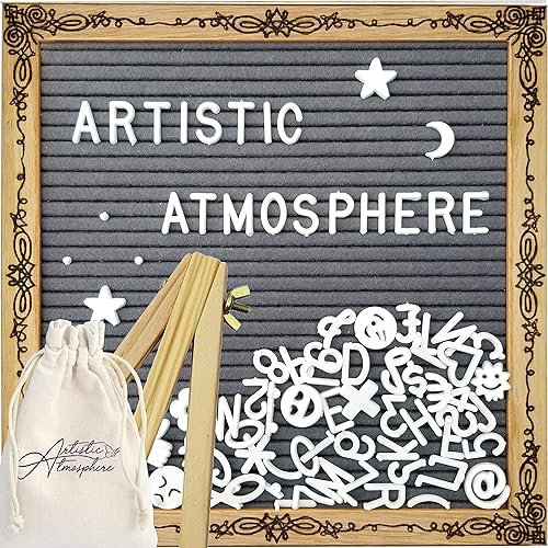 Miniatura 1 de Woodburned Art Felt Letter Board Set with Stand, 340 White Letters, Bag and COA - Limited Edition Fleuri Design - Dark Gray Felted Board in a 10x10