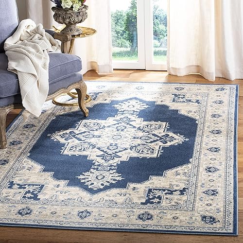 Miniatura 1 de SAFAVIEH Brentwood Collection BNT865N - Alfombra envejecida para sala de estar, dormitorio, no desprende pelusa, 4 pies x 6 pies, azul marino y crema