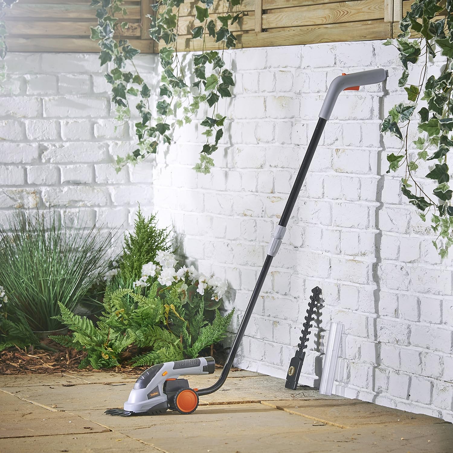 VonHaus 2 in 1 Cordless Grass Shears Hedge Trimmer Handheld Wheeled Extension Handle, Gray, 2-in-1