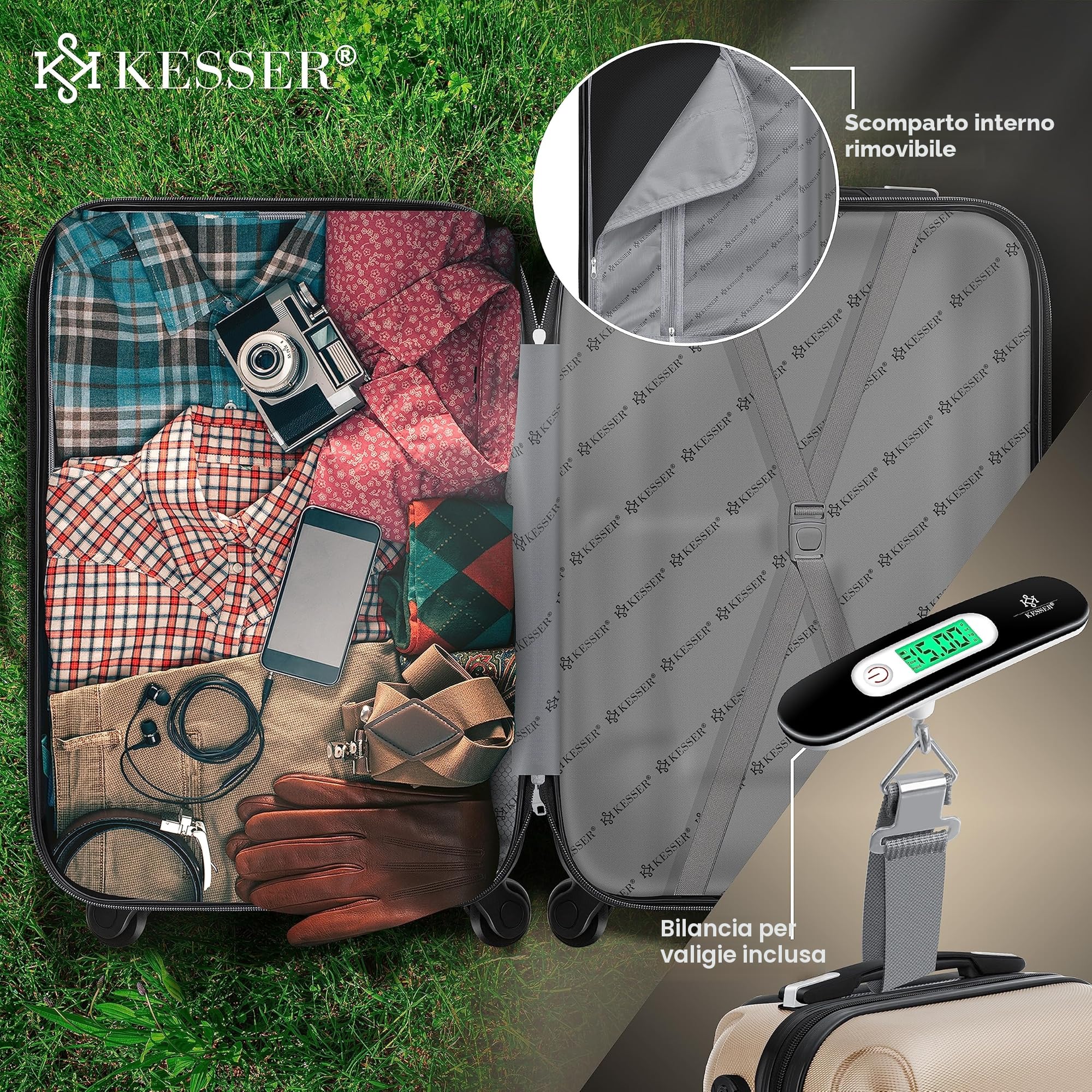KESSER® Valigia da viaggio, incl, Bilancia per bagagli + Etichetta per bagagli, Trolley, Valigia, Serratura a combinazione, Guscio rigido in ABS, 66cm - 84L / Champagne