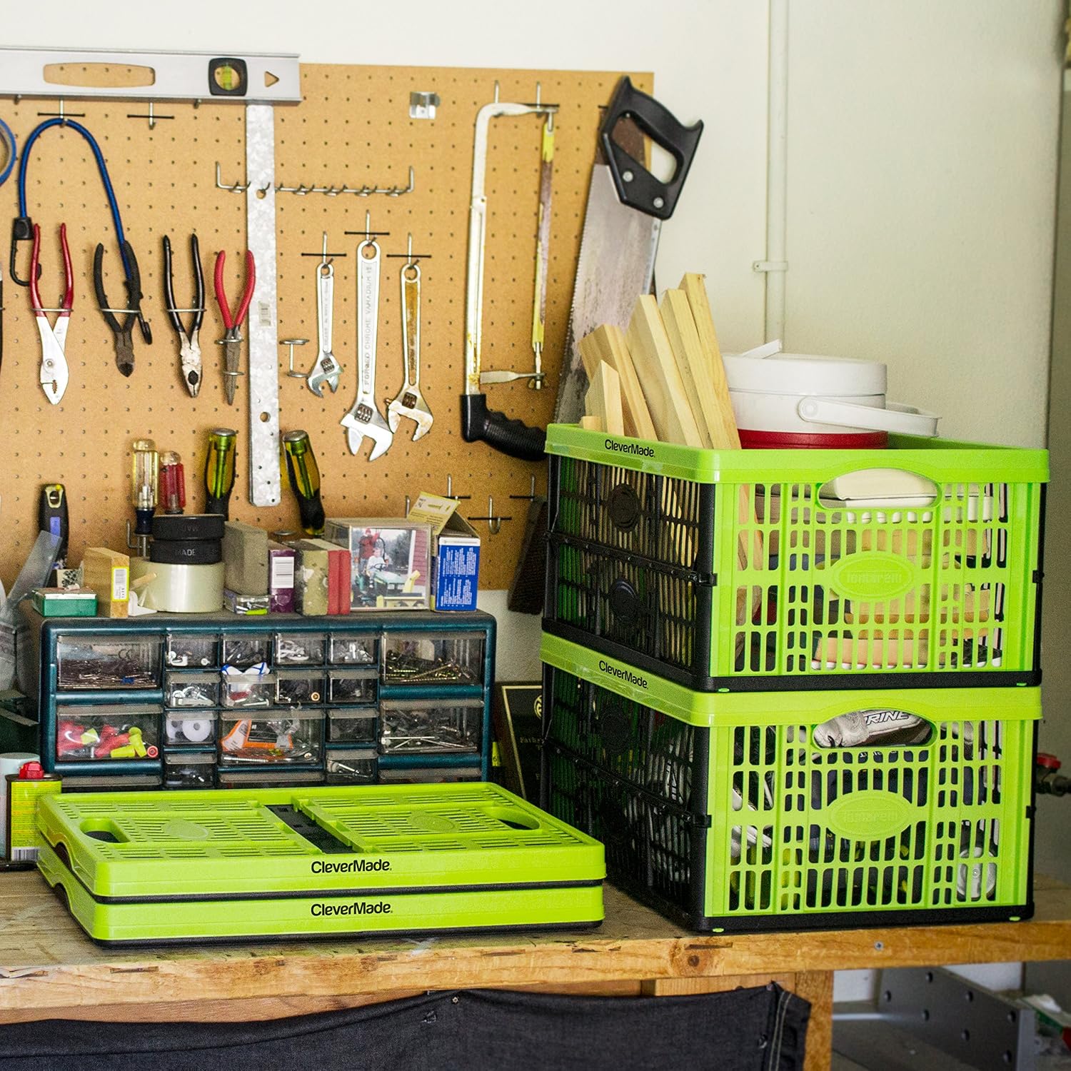 CleverMade CleverCrates 32 Liter Collapsible Storage Bin/Container: Grated Wall Utility Basket/Tote, Kiwi Green, 6 Pack