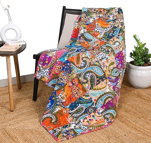 RAJRANG - Edredón de retazos multicolor vintage, reversible, indio, manta acolchada, súper suave y cálida, decorativa para sala de estar, sofá y